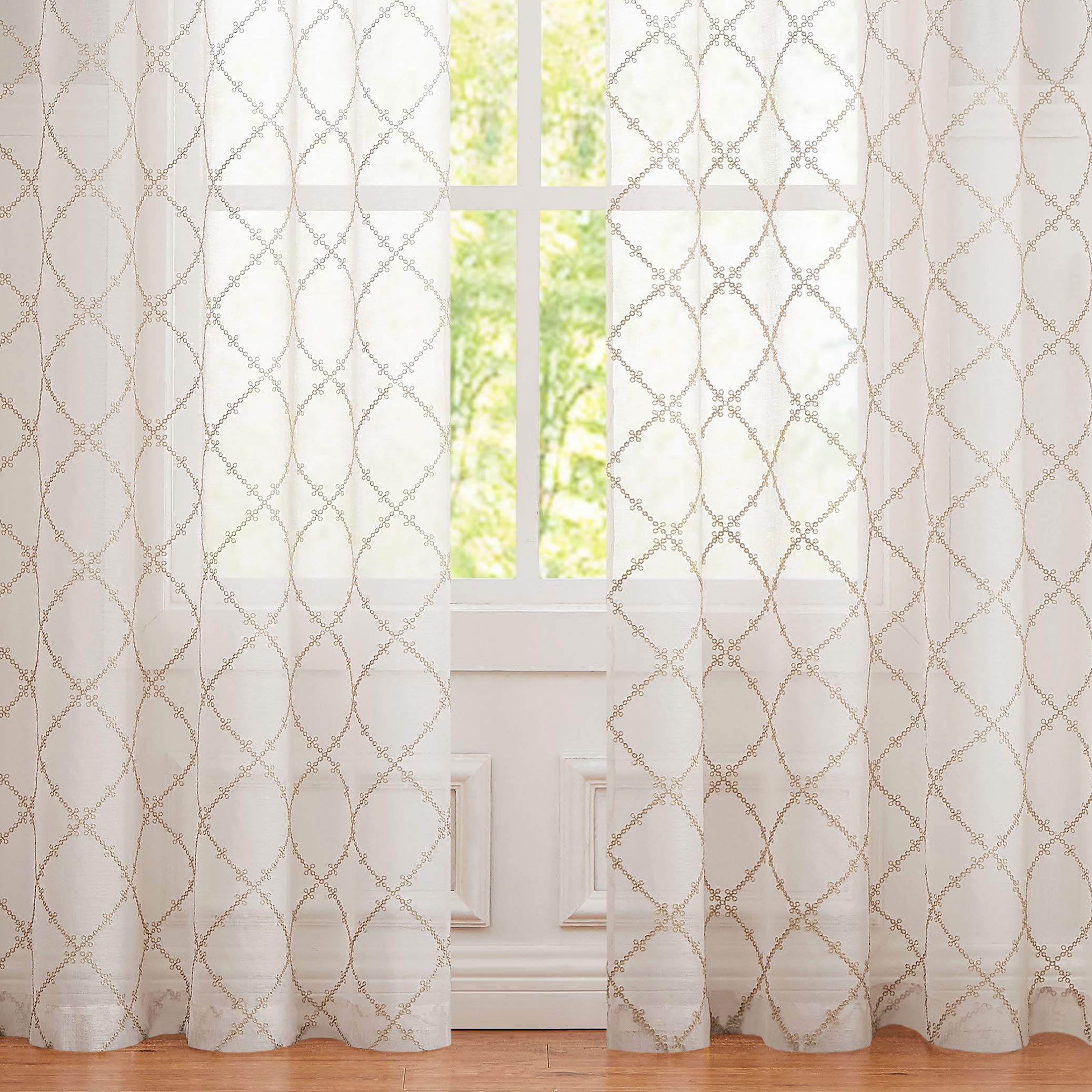 Fragrantex Geometric Embroidered Linen Beige Sheer Curtains 63 Inch Length - Light Filtering Voile Window Panels with Grommet Top (54
