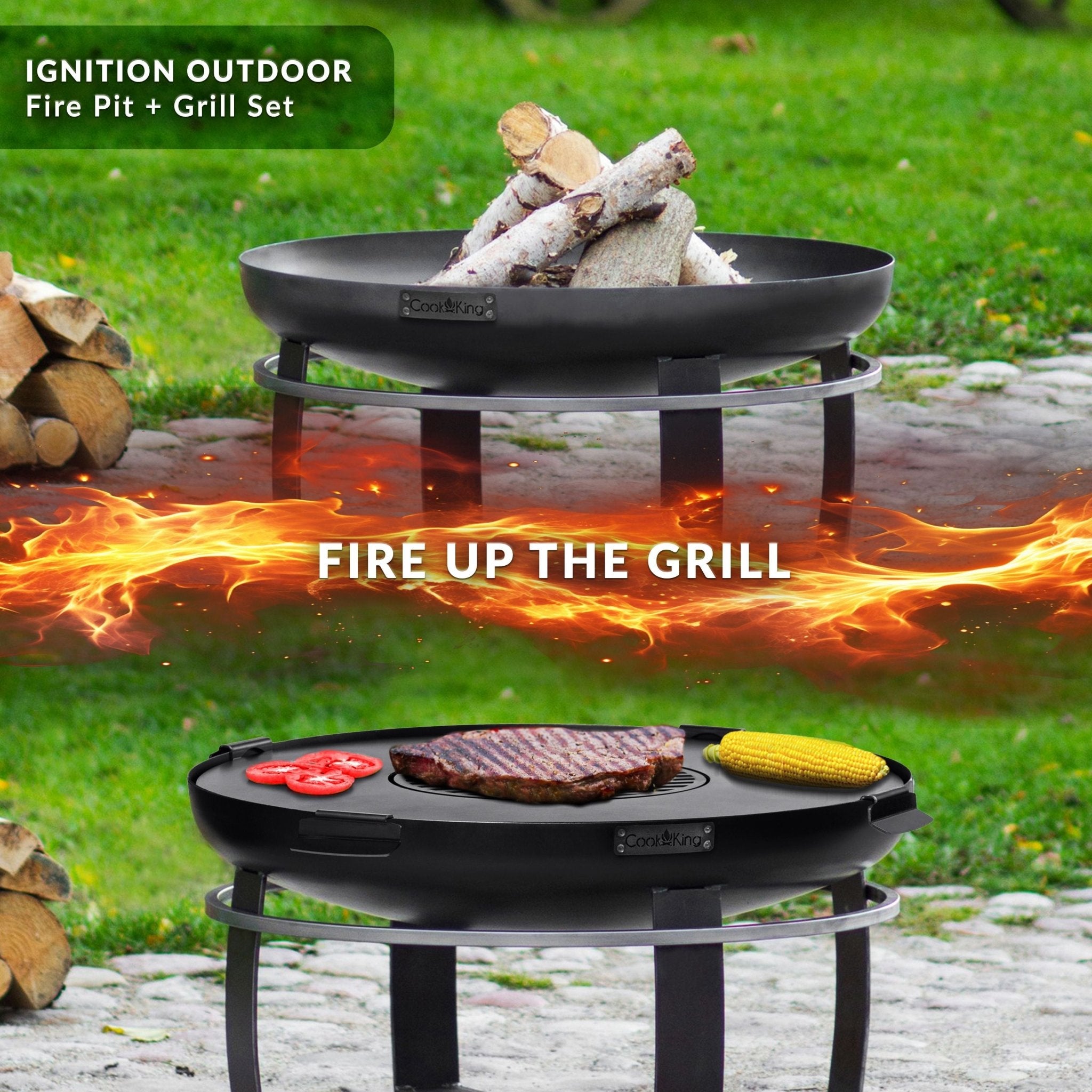 Viking 32-Inch Outdoor Fire Pit with Removable Grill Plate & Protective Cover - Perfect for Backyard Camping, Patio Gatherings & BBQ Parties