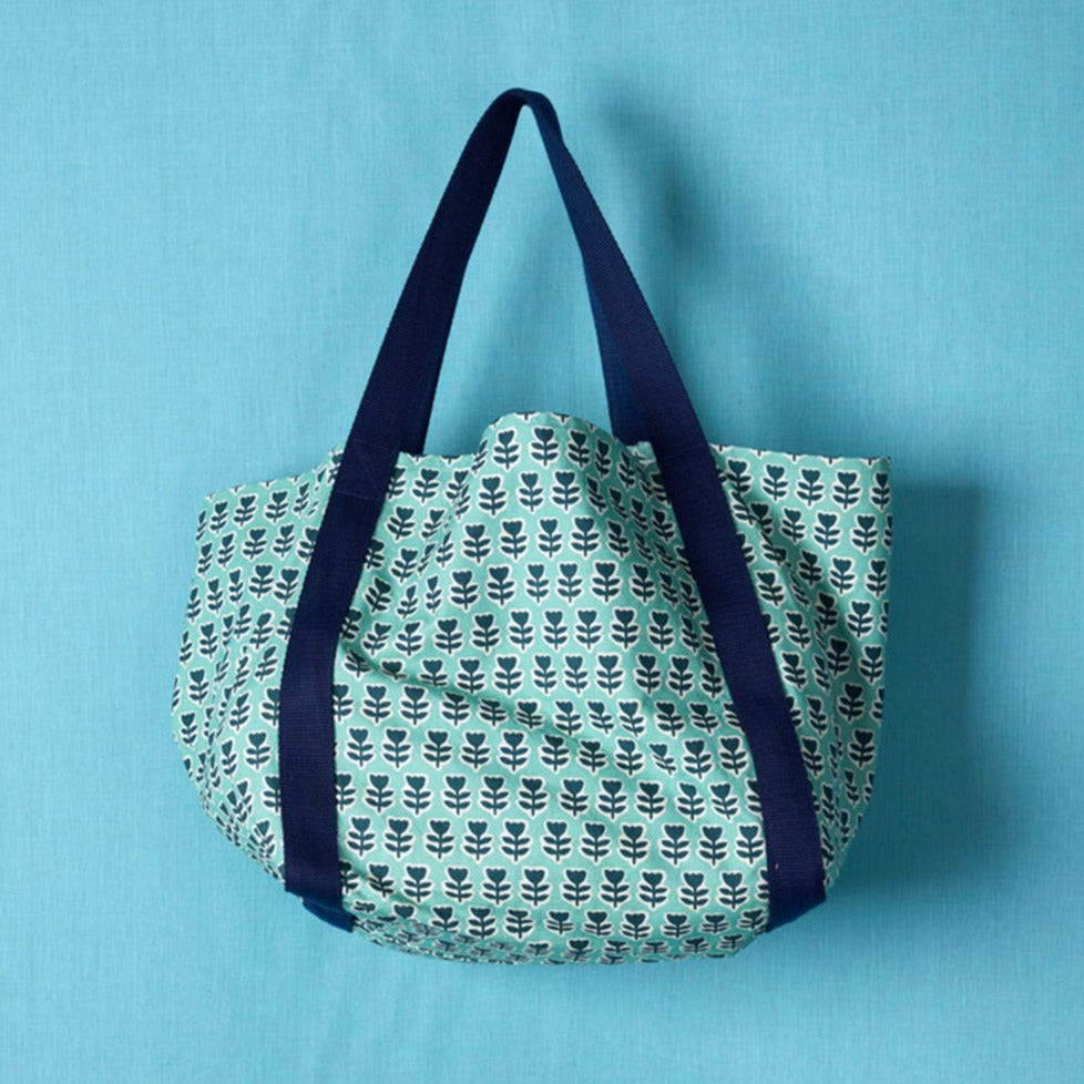 Stylish Printed Cotton Canvas Beach Tote Bag - Blue Floral Design for Women, Perfect for Pool, Vacation & Summer Travel Accessories