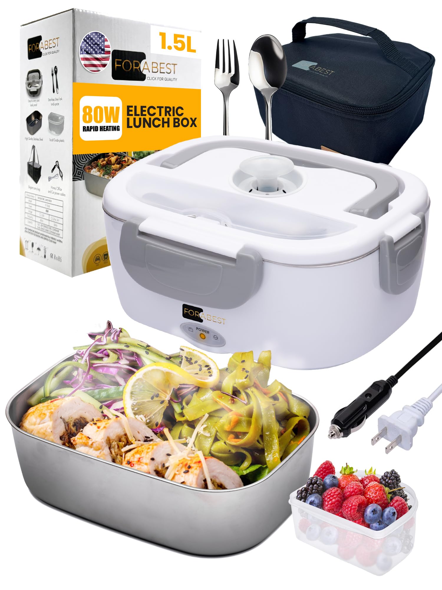 80W Electric Lunch Box for Adults - 1.5L Stainless Steel Heated Food Container, Portable Lunch Warmer for Men & Women (12V/24V Car/Truck, 110V/220V Office/Travel) - Perfect for Commuting, Road Trips & Workplace Meals