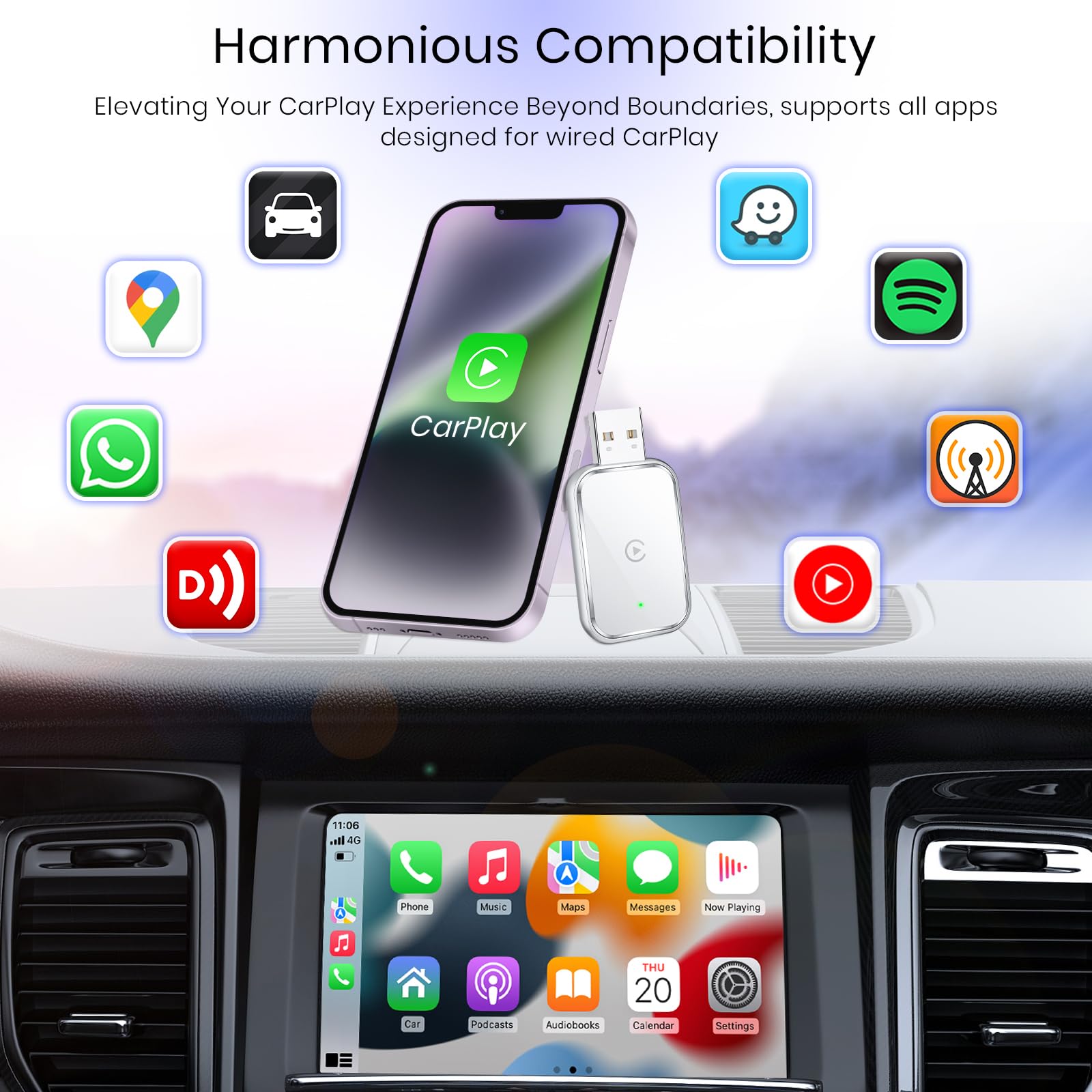 Wireless CarPlay Adapter for iPhone - Convert Wired to Wireless Apple CarPlay Dongle - Mini USB & USB-C/Type-C Adapter with Extension Cable - Fast & Stable Connection - No Delay - White - Perfect for Commuting, Road Trips & Hands-Free Driving