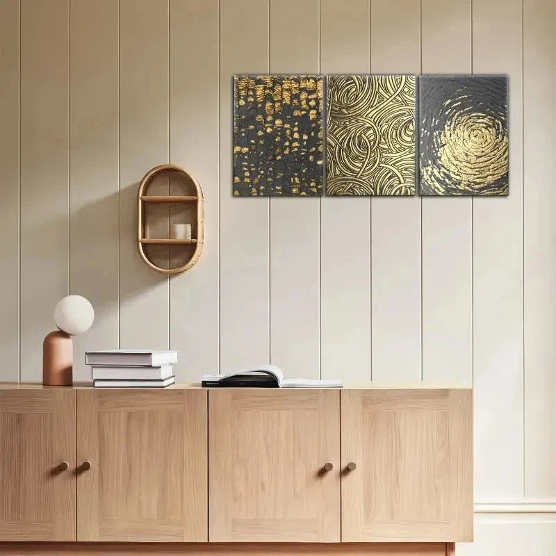 3-Piece Abstract Art Metal Prints - Golden Decorative Wall Art for Living Room, Bedroom & Office - Ready to Hang Modern Home Decor