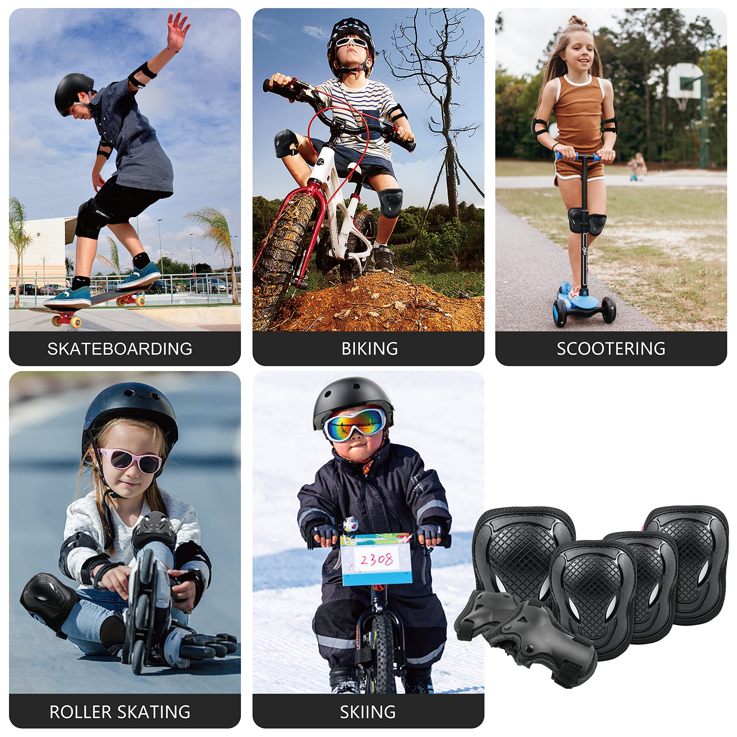 Kids Knee Pads & Elbow Pads 6-in-1 Protective Gear Set with Wrist Guards - Safety Pads for Boys & Girls Skateboarding, Roller Skating, Cycling, Scooter Riding (Black) - Perfect for Outdoor Sports & Playground Activities