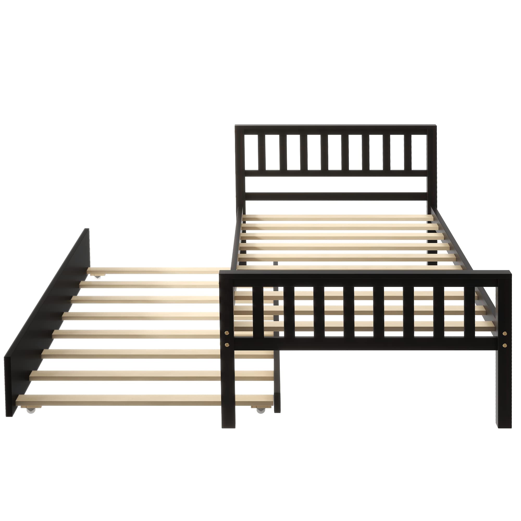 Twin Platform Bed Frame with Trundle - Solid Pine Wood Daybed with Headboard & Footboard - Sturdy 10-Slat Support (No Box Spring Needed) - Espresso Finish - Perfect for Kids' Room, Guest Bedroom or Small Space Solution