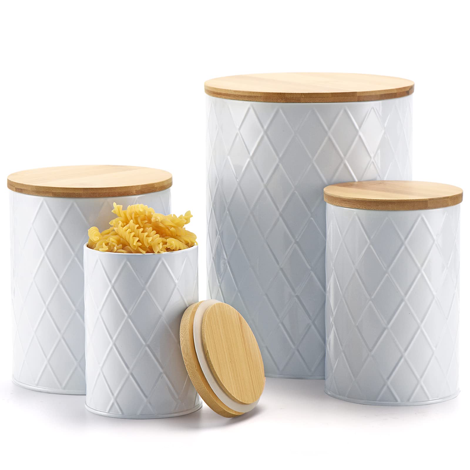 Farmhouse Style White Kitchen Canisters Set with Wooden Lids - Airtight 4-Pack for Sugar, Flour, Coffee & Cookie Storage - Perfect for Countertop Organization and Rustic Home Decor