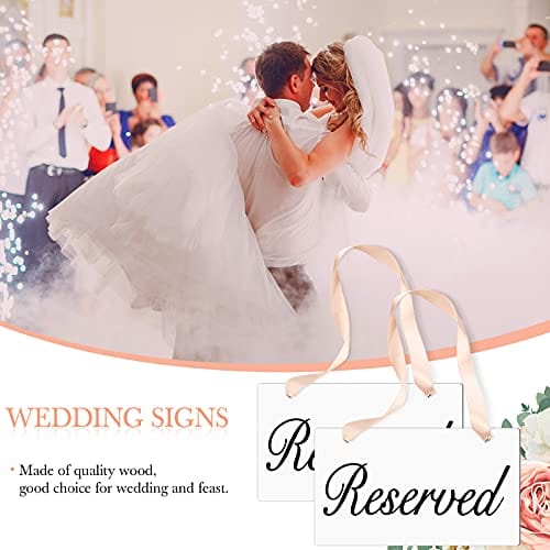 Blulu 6-Piece Wooden Reserved Signs Set - Rustic Wedding & Restaurant Hanging Signs with Light Coffee Ribbon - Handmade White Wood Seating Markers for Chairs, Tables & Events