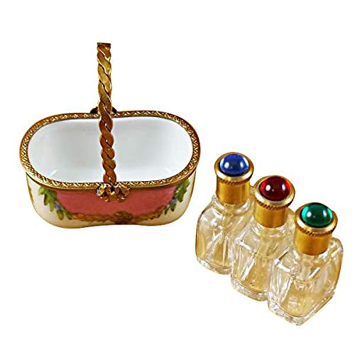 Pink Basket with 3 Bottles - French Limoges Porcelain Collectible Gift Boxes - Hand-Painted Figurines for Home Decor, Wedding Favors & Luxury Gifting