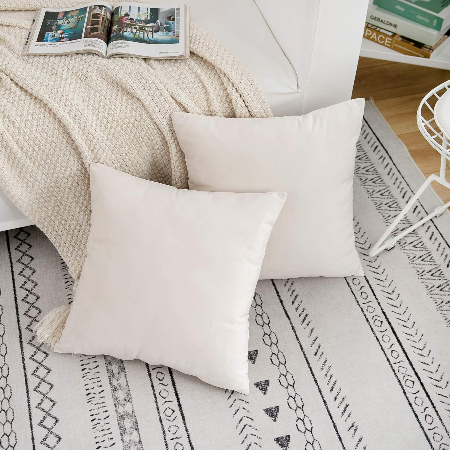 RainRoad Velvet Decorative Throw Pillow Covers 18x18 Inch - Soft Square Cream Cushion Covers for Sofa, Couch, Bed & Chair - Set of 2 - Perfect for Living Room Decor, Bedroom Accents & Home Styling