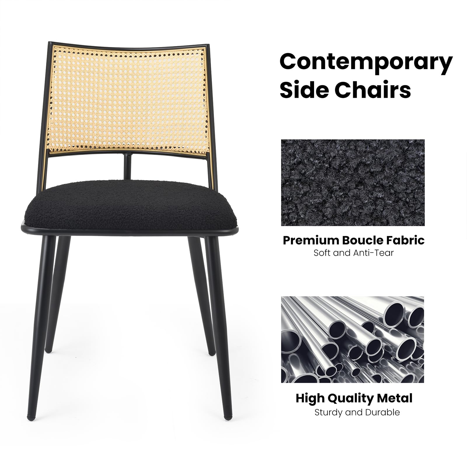 Farini Mid-Century Modern Dining Chairs Set of 2 - Rattan Backrest & Metal Frame Boucle Upholstered Kitchen Chairs for Dining Room, Kitchen, Living Room - Perfect for Small Spaces and Contemporary Home Decor (Black)