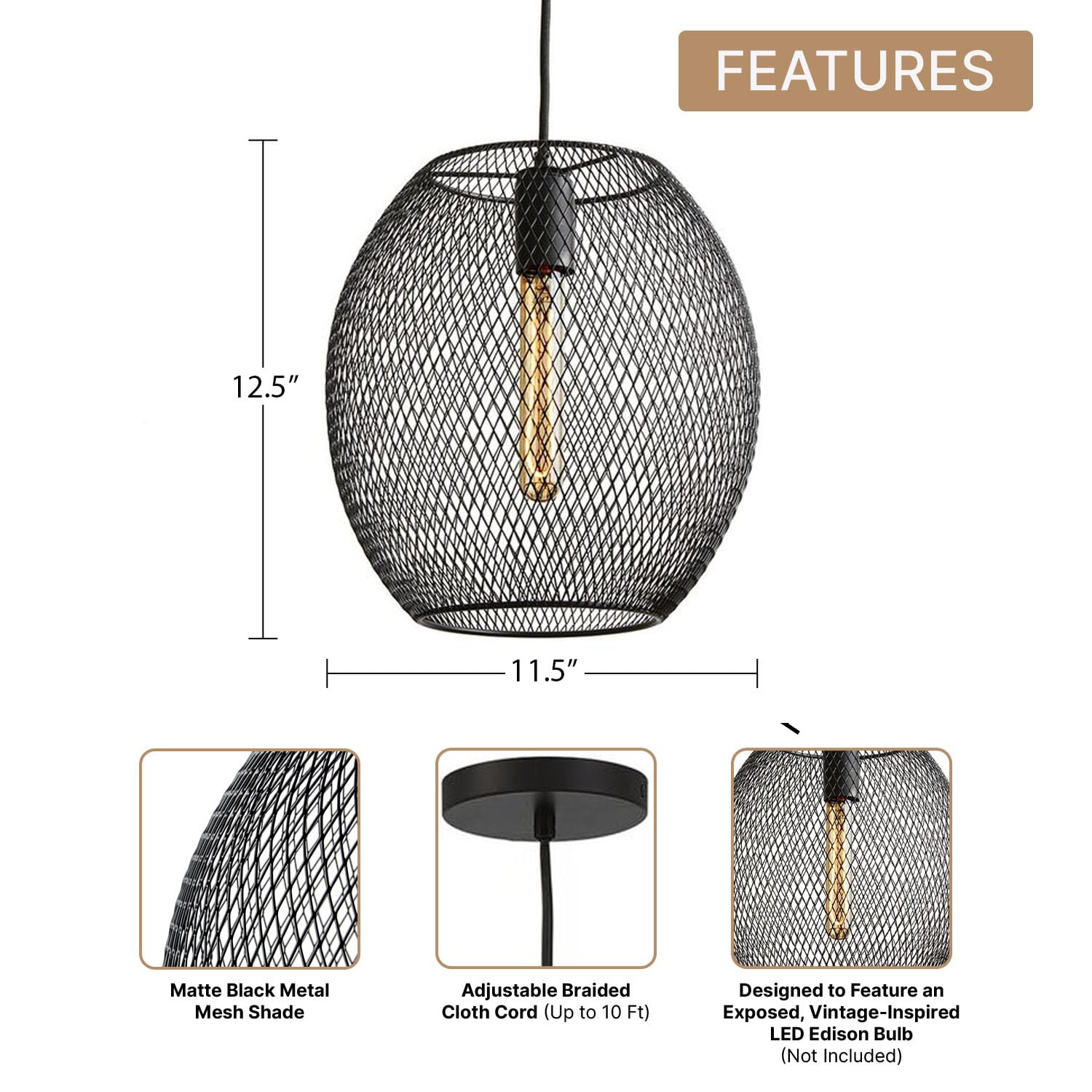 LampLust Black Metal Mesh Pendant Light Shade - E26 Socket Hanging Light Fixture for Kitchen Island, Dining Room & Bedroom - ETL Certified Indoor Ceiling Lamp with Adjustable Chain