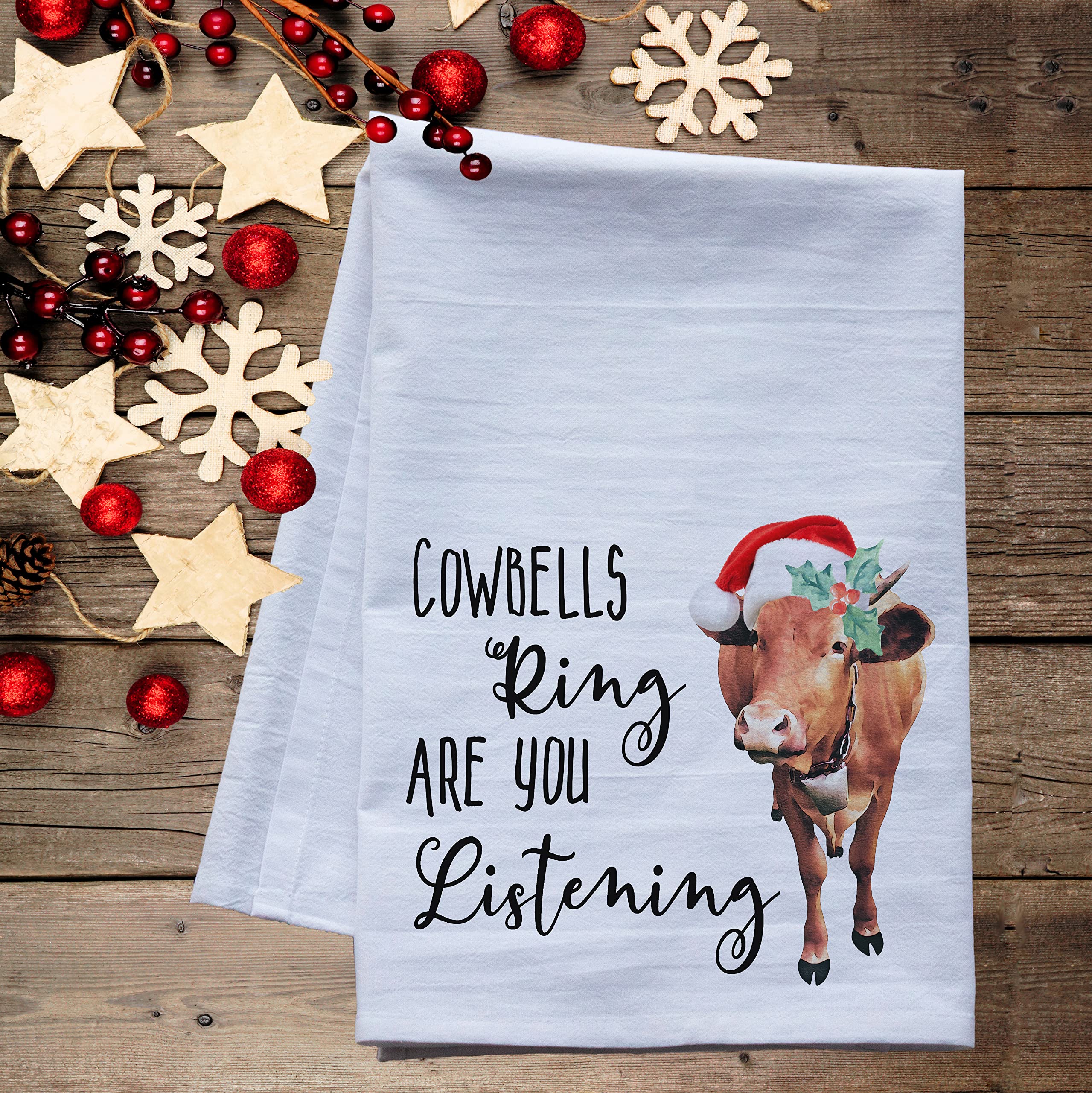Christmas Flour Sack Dish Towels - Holiday Kitchen Tea Towels for Xmas Decor (Cowbells Ring Christmas Cow) - Perfect for Baking, Gift Wrapping & Festive Home Decor