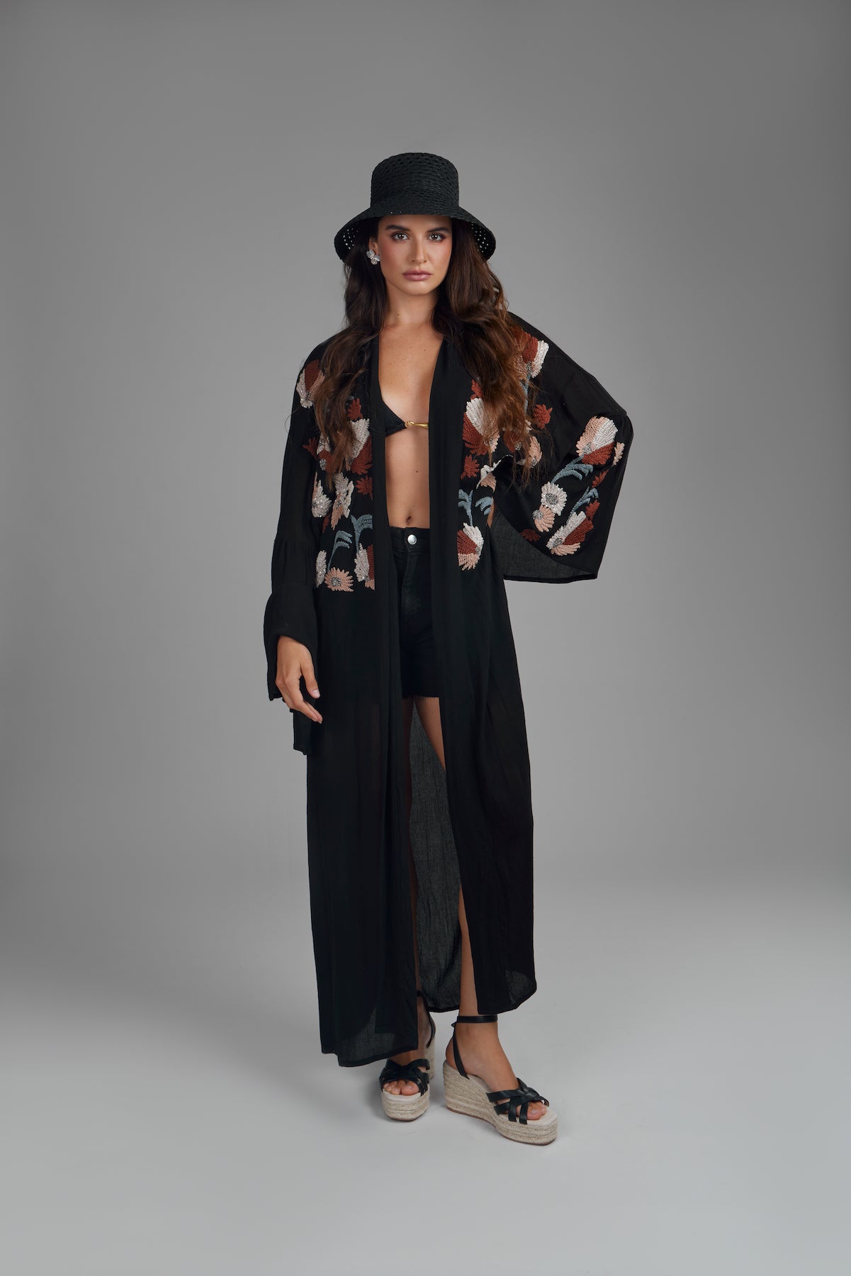 Floral Embellished Long Kimono Robe - Elegant Boho Cover Up for Women - Perfect for Beach, Pool, Vacation & Loungewear