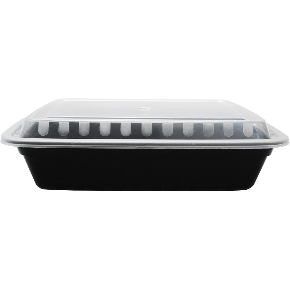 Karat IM-FC1038B 38 oz. Black Rectangular Microwave-Safe PP Food Storage Containers with Clear Lids - Bulk Case of 150 | Meal Prep, Leftovers & Restaurant Takeout Containers