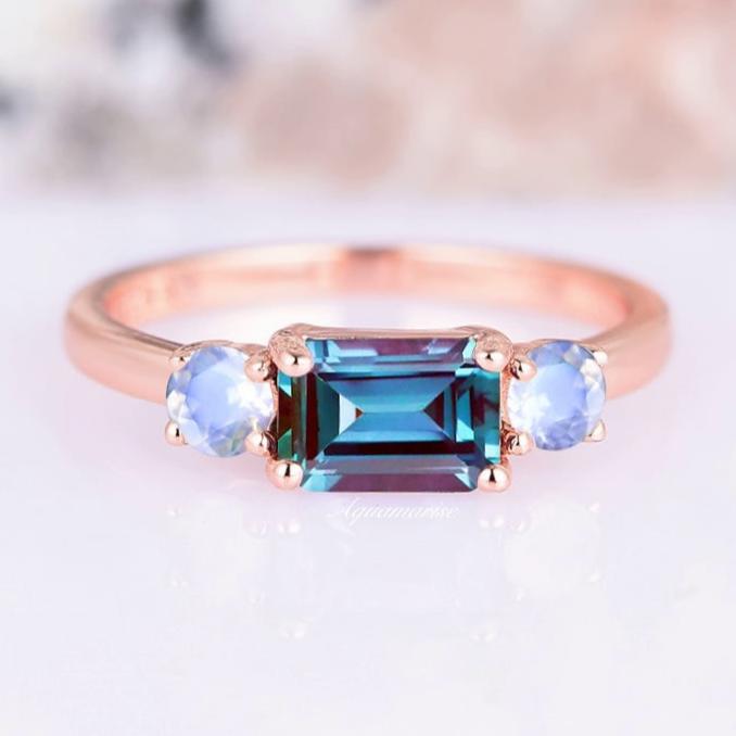 Minimalist Alexandrite & Moonstone Ring - 14K Rose Gold Vermeil Jewelry for Women | Elegant Everyday Wear & Special Occasion Gift