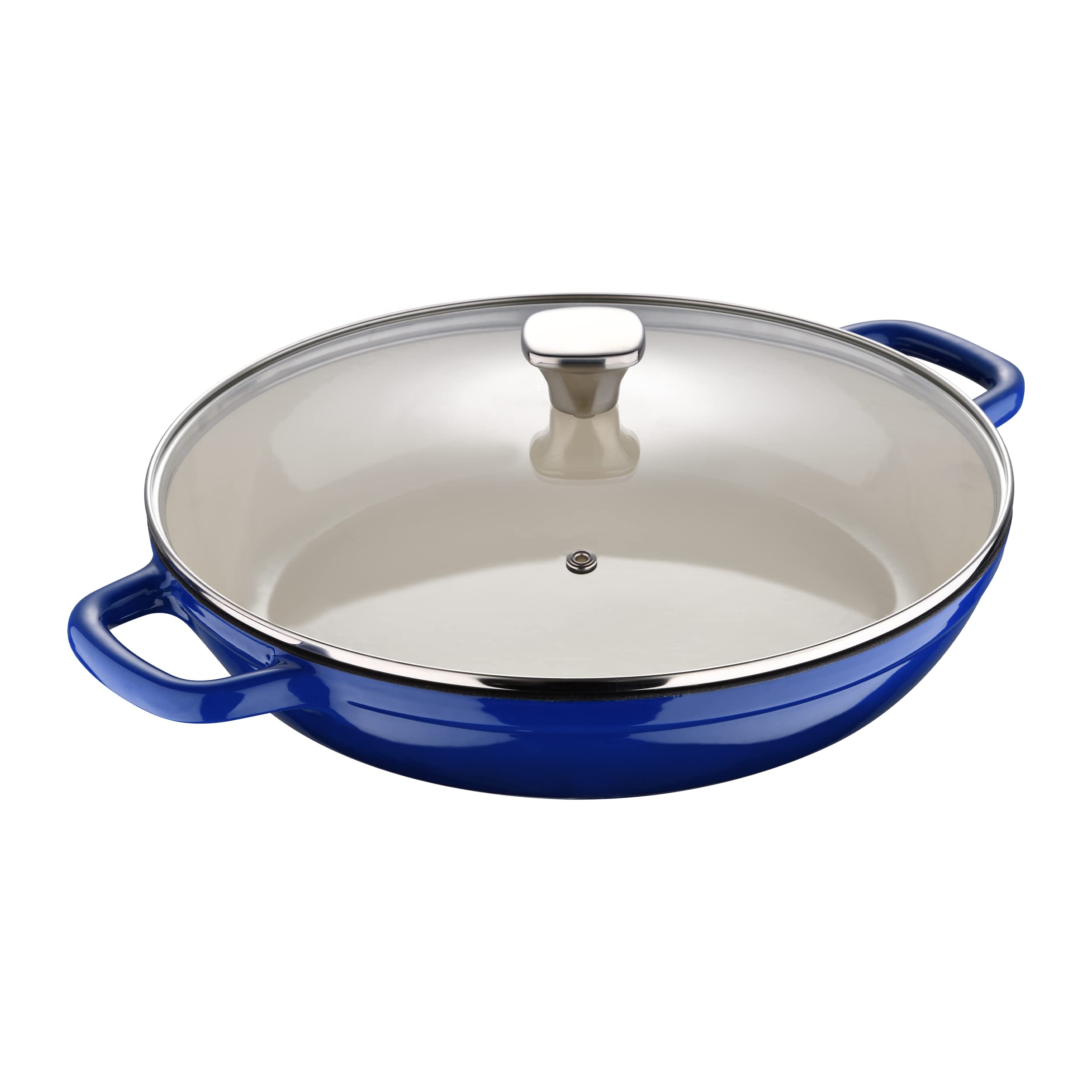 MasterPRO Enameled Cast Iron Braiser - 3.5 Quart Dutch Oven with Tempered Glass Lid - Ombre Blue Design - Oven, Stovetop & Table Serving - Perfect for Roasting, Braising & Family Meals