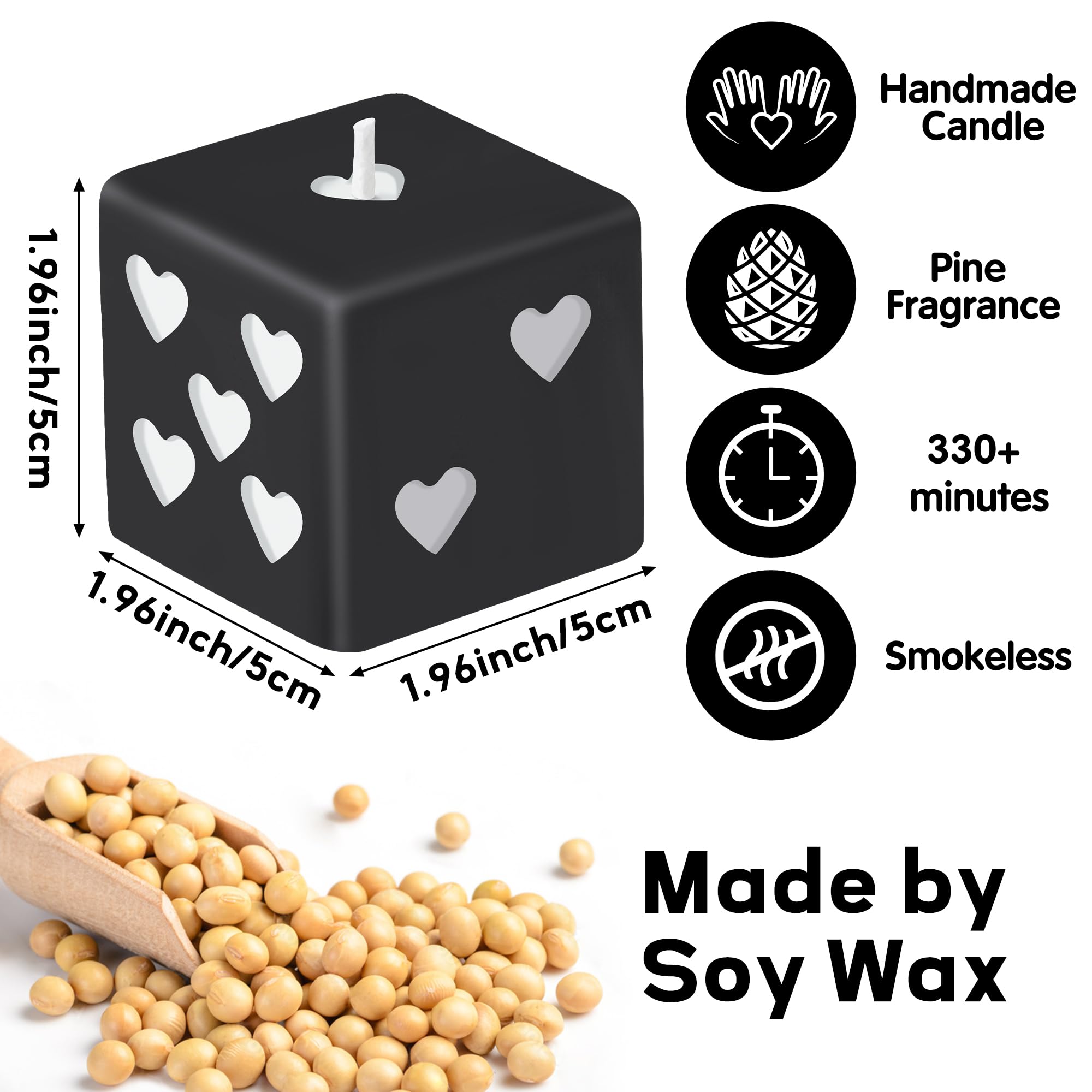 2Pcs Black & White Heart Dice Scented Candles - Natural Soy Wax, Pine Fragrance, Handmade Aromatherapy Candles for Home Decor, Bedroom, Desk & Gift (2x2 inch) - Perfect for Romantic Ambiance, Relaxation & Aesthetic Room Decor
