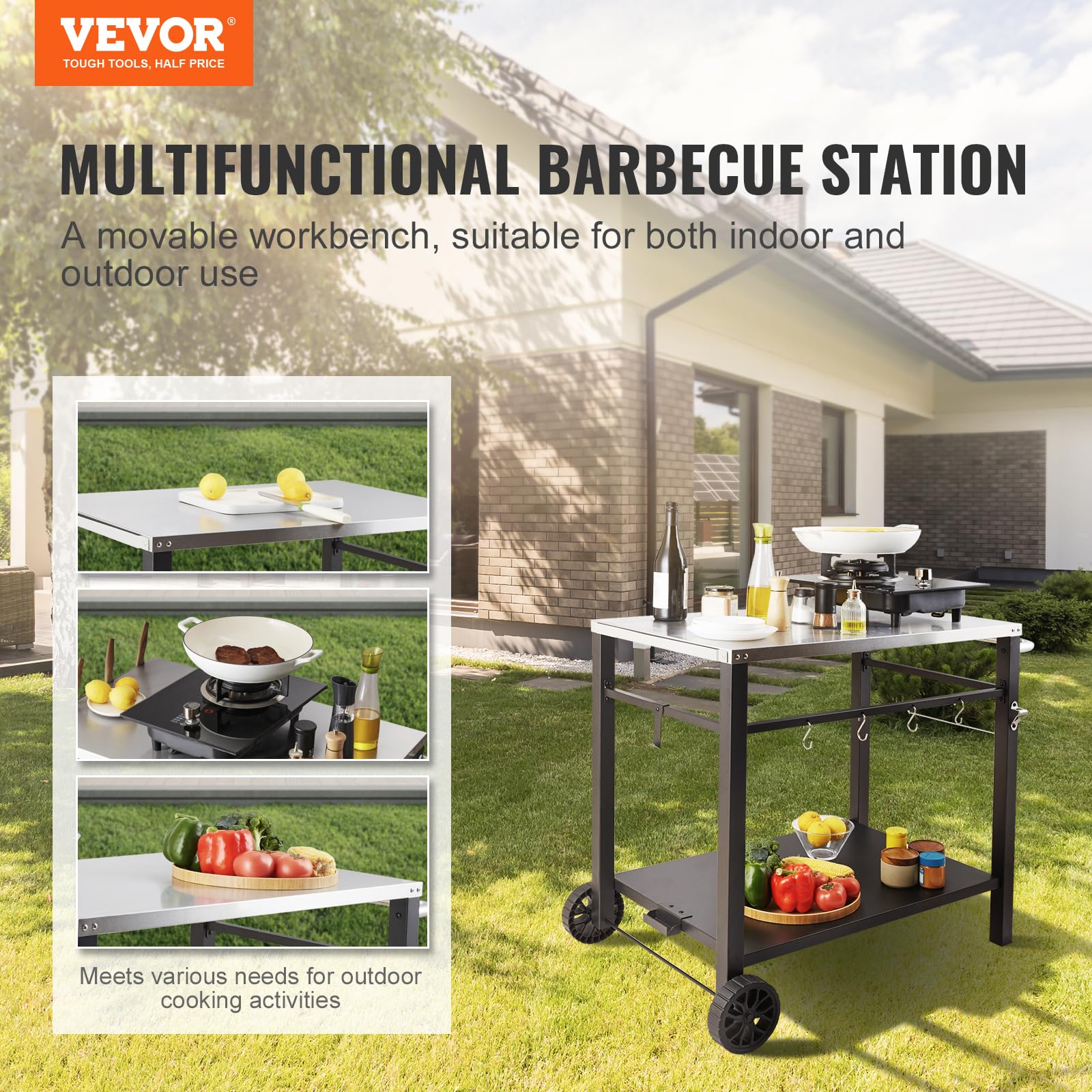 VEVOR Stainless Steel Outdoor Grill Cart with Double Shelves - Portable BBQ Prep Table with Wheels & Handle for Pizza Oven, Camping & Backyard Cooking - Heavy Duty Mobile Workstation for Patio, Garden & Tailgating Parties