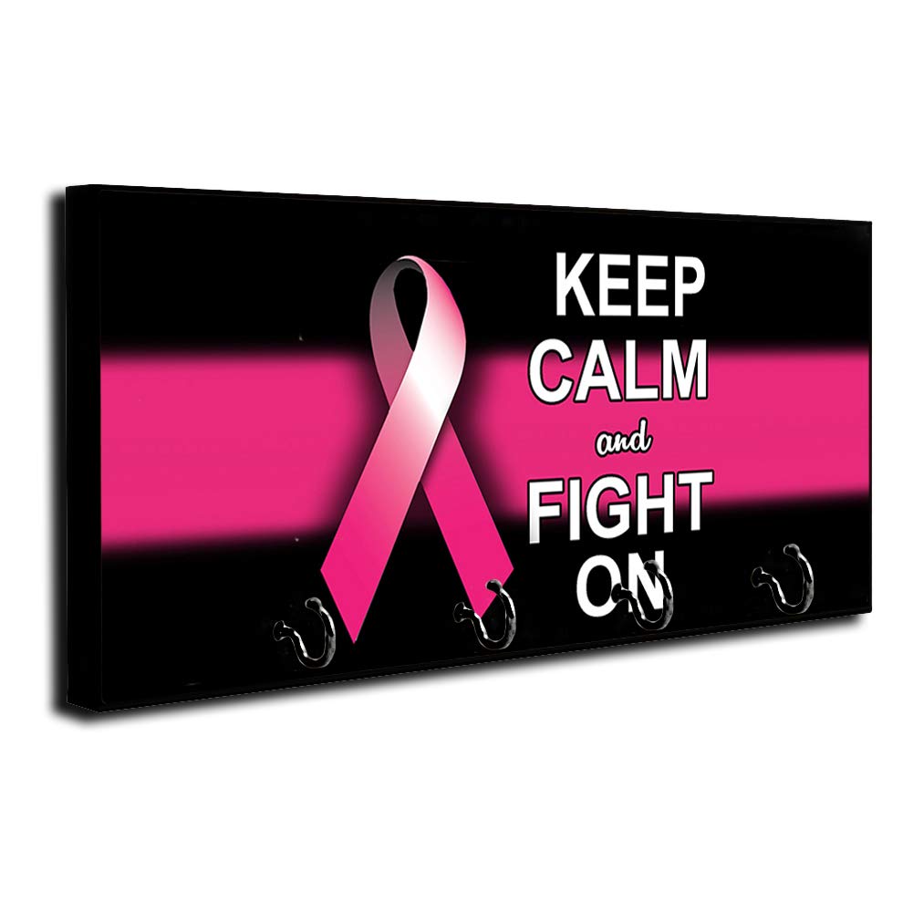 Pink Ribbon Key Holder Wall Mount - Breast Cancer Awareness Key Organizer with 'Keep Calm and Fight On' Motto - Home & Office Key Rack for Keys, Jewelry & Accessories - Perfect for Kitchen, Entryway, or Bedroom Organization