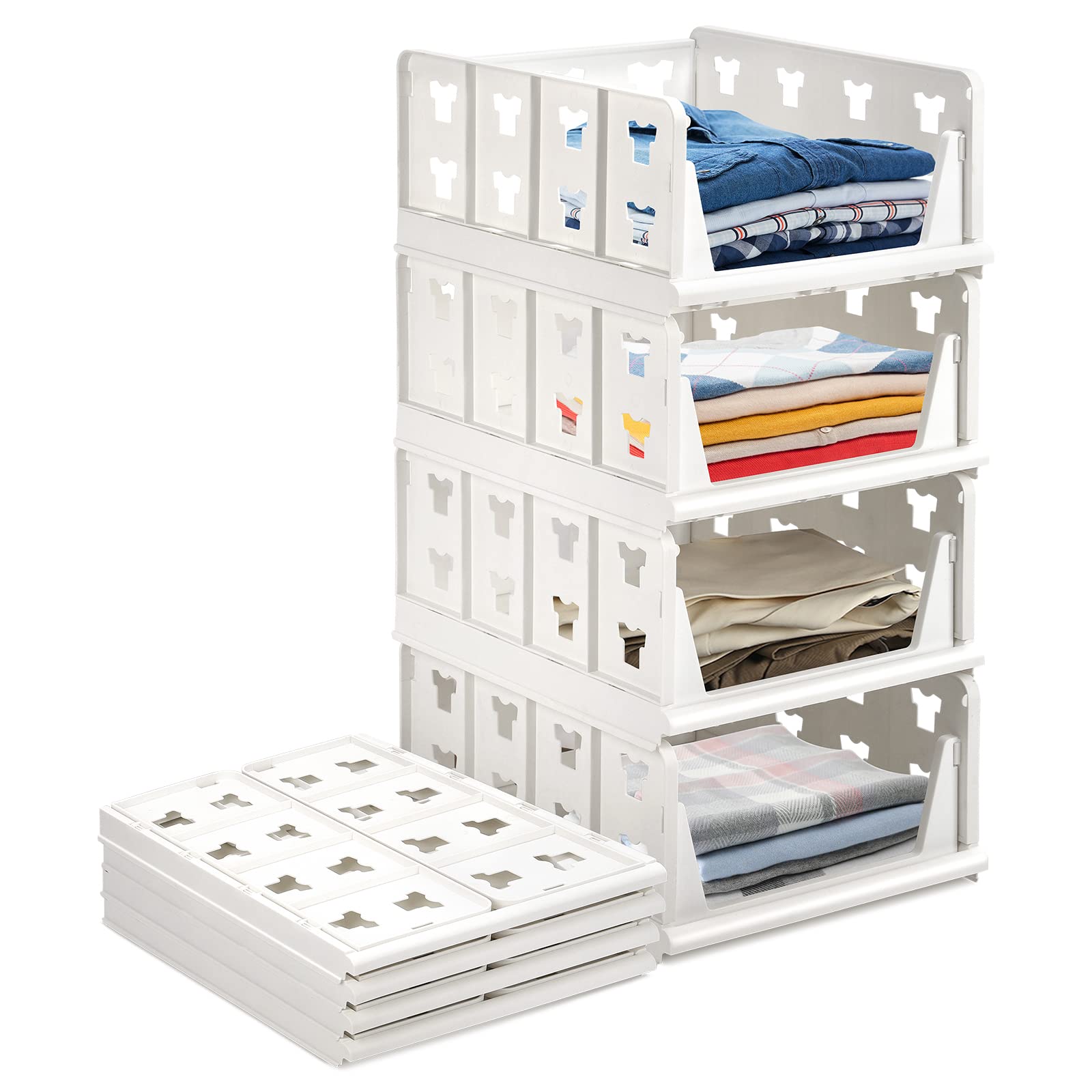 Hossejoy 4 Pack Stackable Plastic Wardrobe Closet Shelves - Foldable Clothes Drawer Organizer with Clothes Pattern - Storage Bins for Bedroom, Office, Kitchen & Bathroom Organization (White) - Perfect for Small Spaces & Closet Storage Solutions