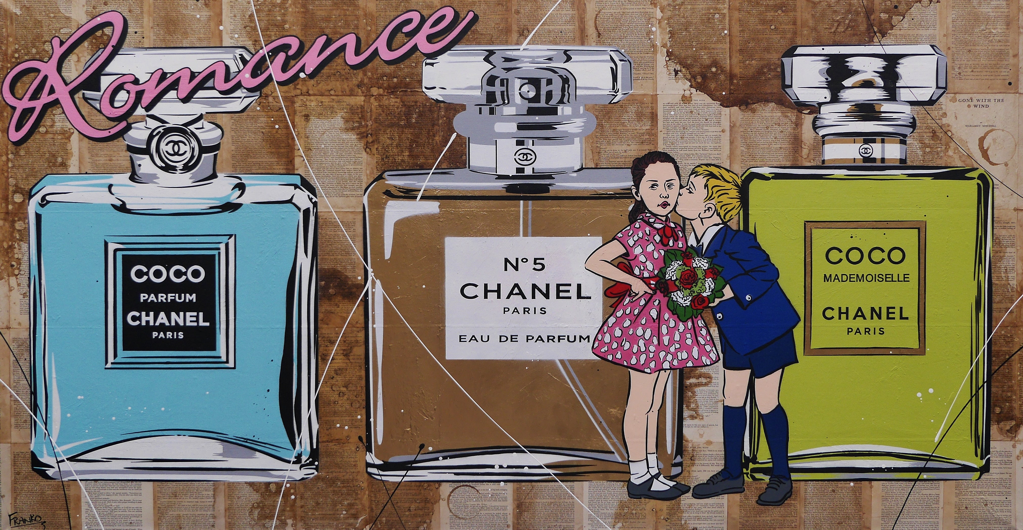 Le Kisses 190cm x 100cm Perfume Bottles Kissing Urban Pop Art Canvas Painting - Perfect for Book Club Decor, Living Room Wall Art & Modern Home Decor