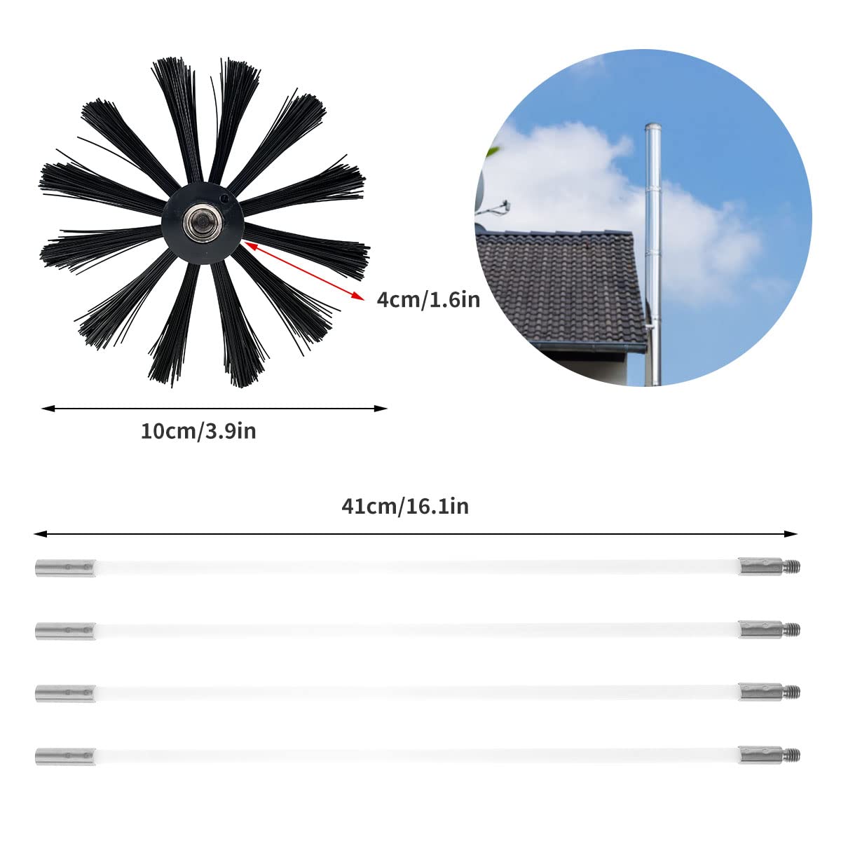 Professional Chimney Sweep Kit with Long Handle & Flexible Rods - Replaceable Nylon Brush Head for Home Indoor Flue, Drainage Pipeline Cleaning - Perfect for Fireplace, Wood Stove & HVAC Maintenance (Black)