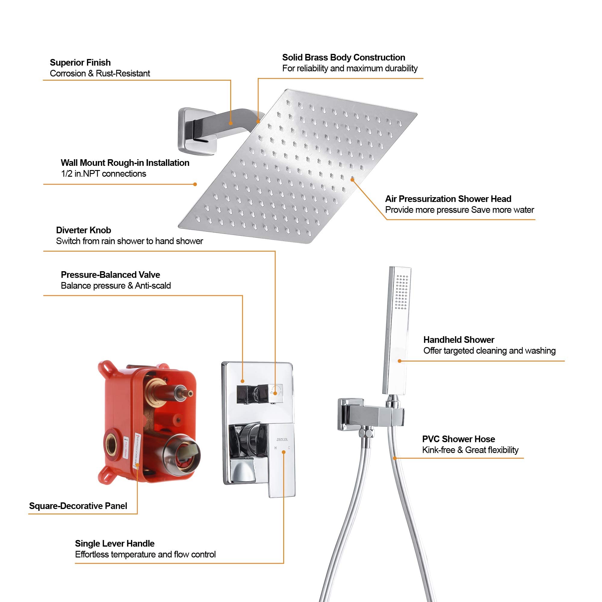 Luxury 10 Inch Wall Mounted Rain Shower System with Handheld Shower - Chrome Bathroom Faucet Set with Rough-in Valve & Trim Kit for Spa-Like Shower Experience