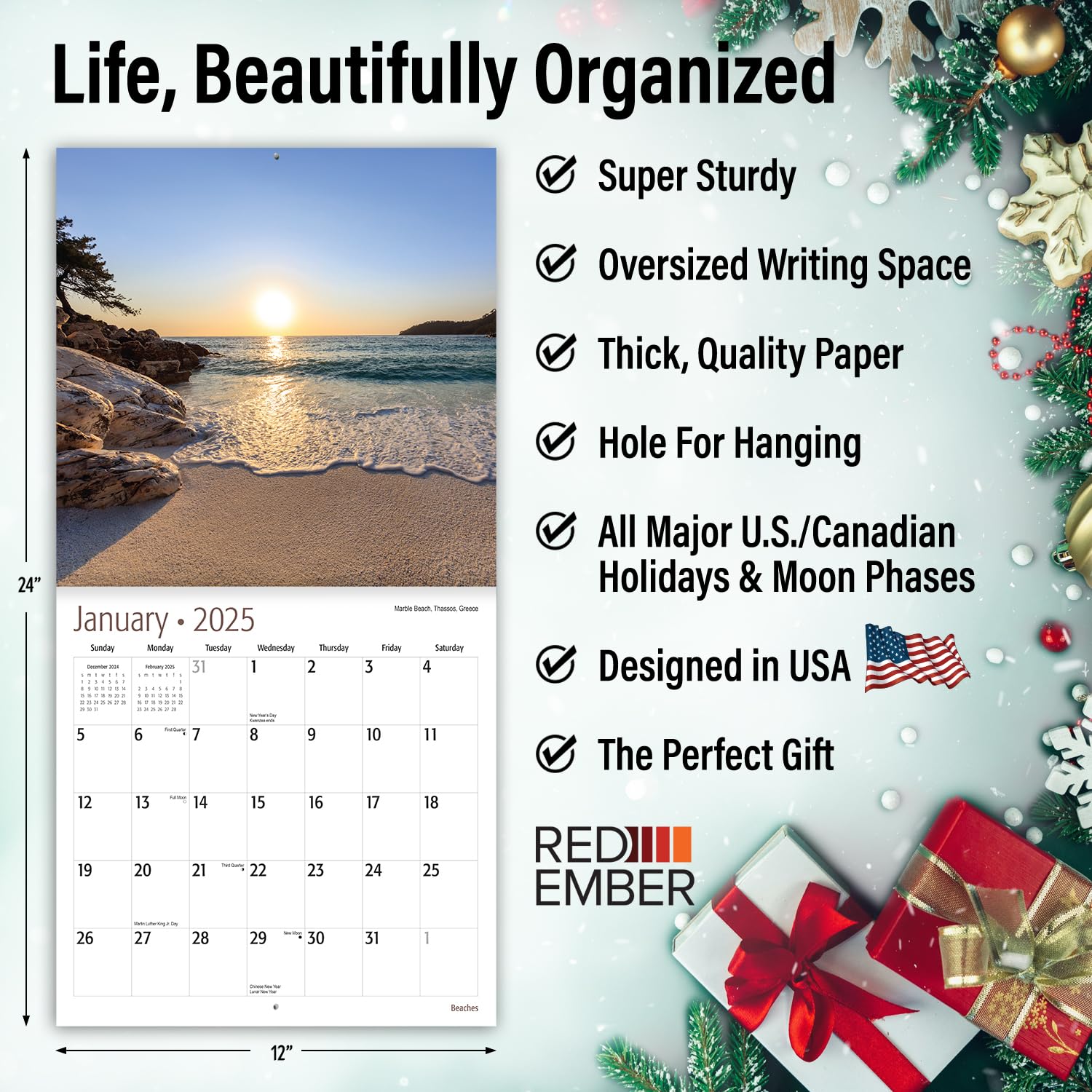 RED EMBER Untamed & Beautiful Beaches 2025 Wall Calendar - 12 Month Large Format (12