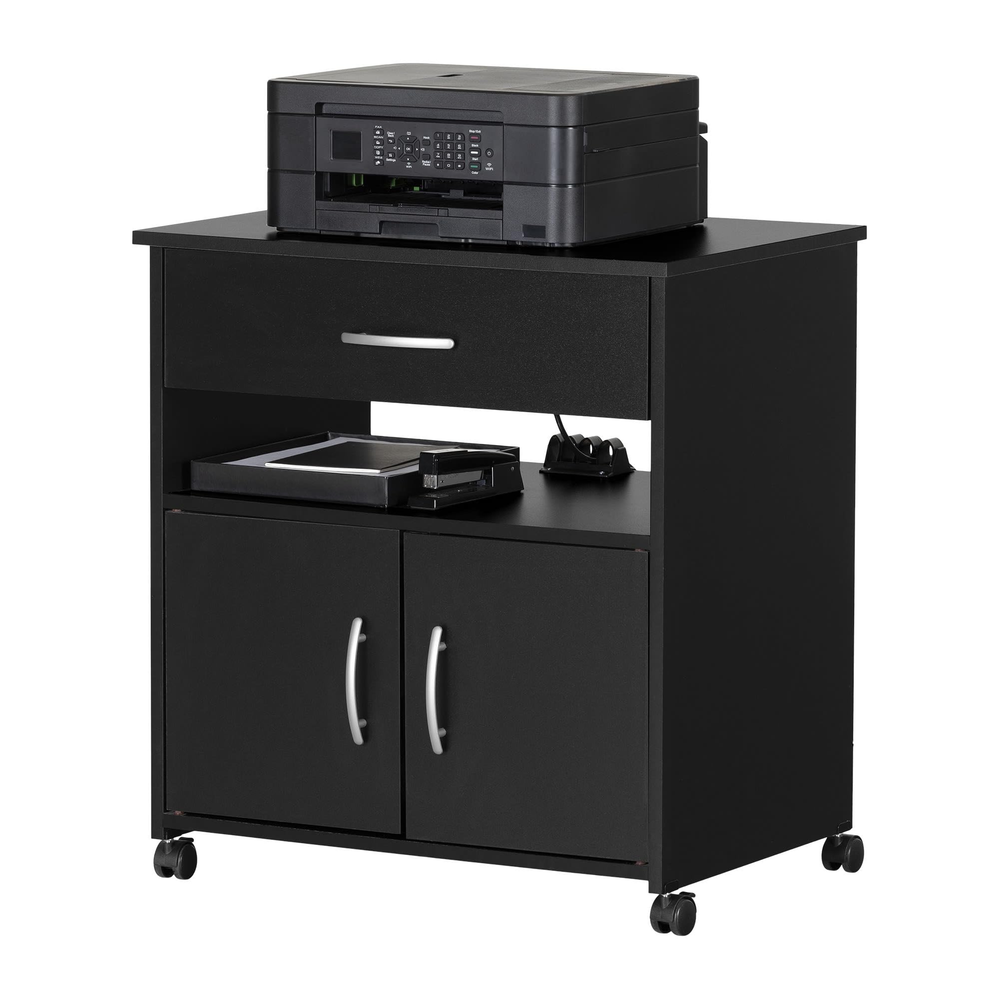South Shore 2-Door Mobile Printer Stand with Storage - Pure Black, 19.75
