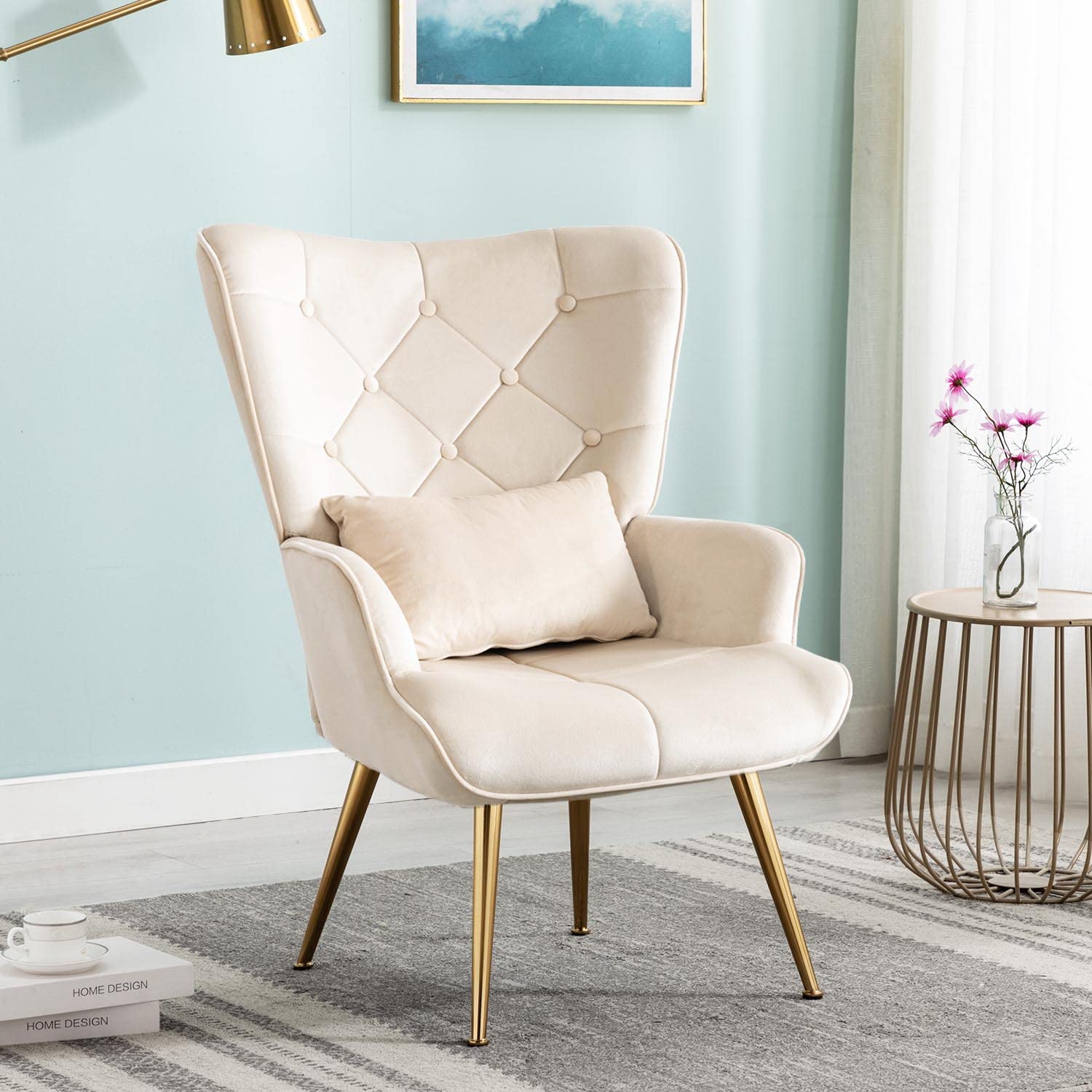 Altrobene Modern Velvet Accent Chair with Pillow - Button Tufted Golden Finish Beige Lounge Chair for Living Room & Bedroom - Perfect for Reading Nook, Home Office or Cozy Corner