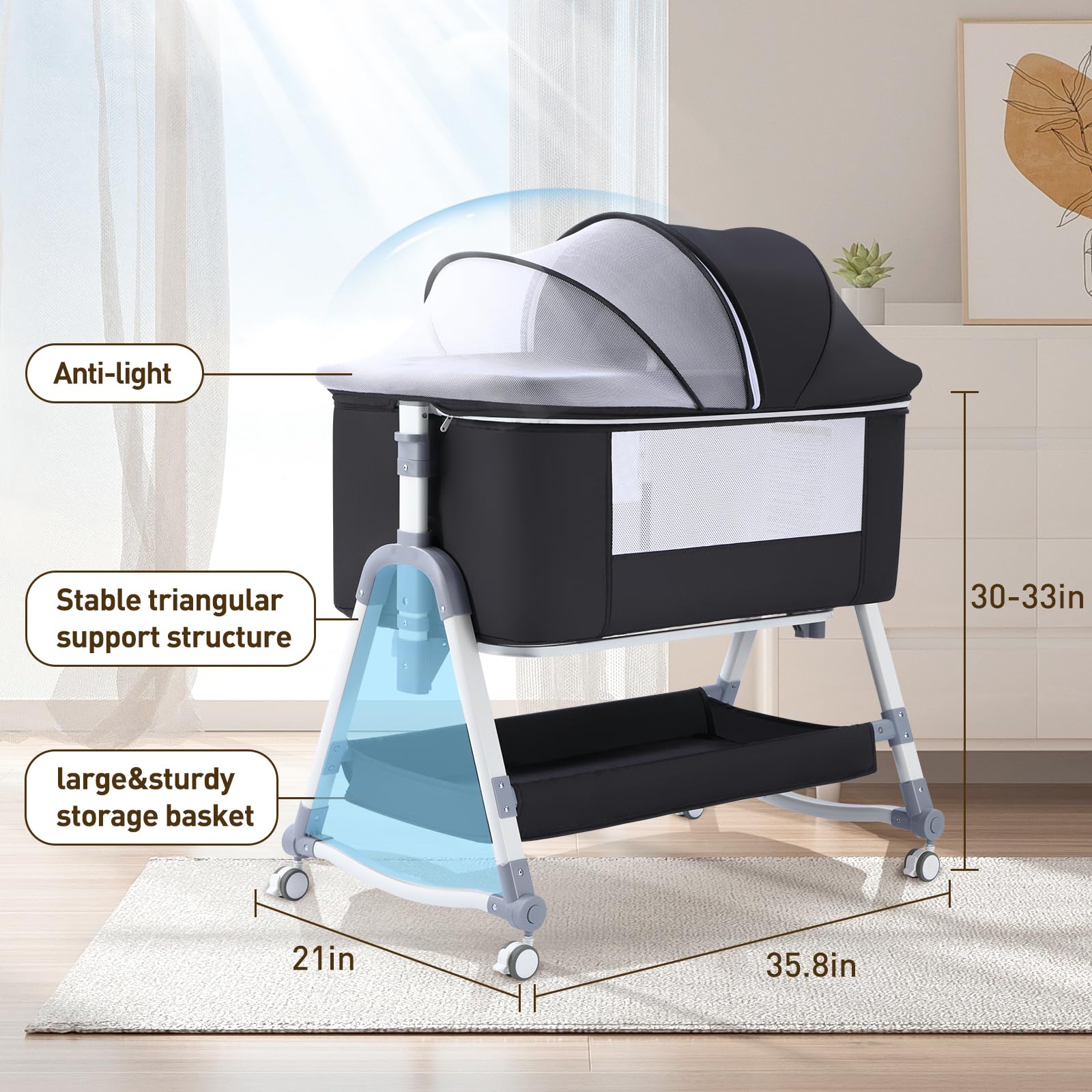 4 in 1 Portable Baby Bassinet with Wheels & Changing Station - Foldable Travel Crib for Newborns & Infants - Includes Mattress & Storage (Black) - Perfect for Nursery, Bedside Sleeping & On-the-Go Parents