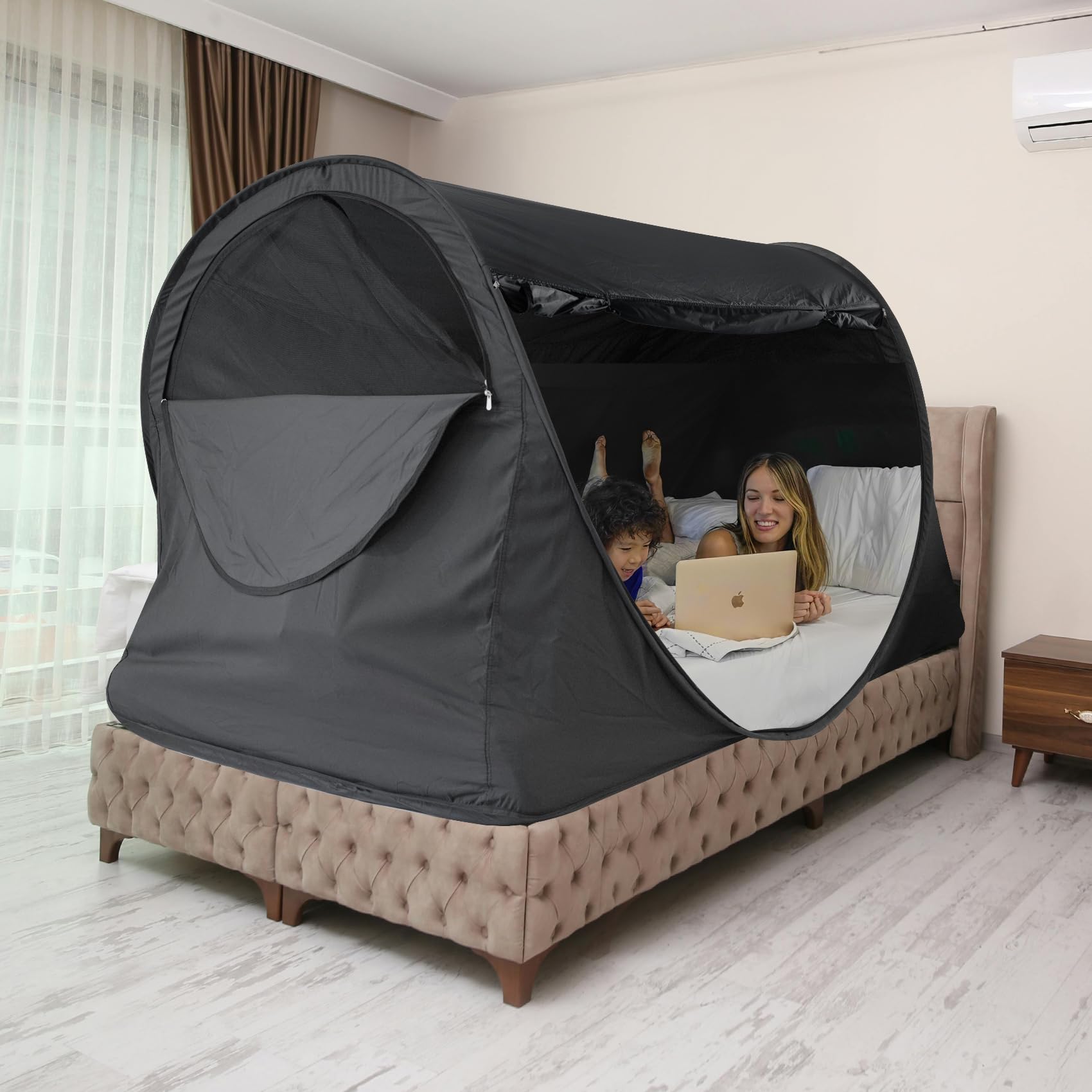 Alvantor Full Size Bed Canopy Tent - Breathable Gray Privacy Sleeping Tent with Portable Pop-Up Frame for Indoor Use | Light Reducing Bedroom Decor, Dream Space Shelter (Mattress Not Included) - Perfect for Bedrooms, Dorms, Kids Rooms & Cozy Cottage Retreats