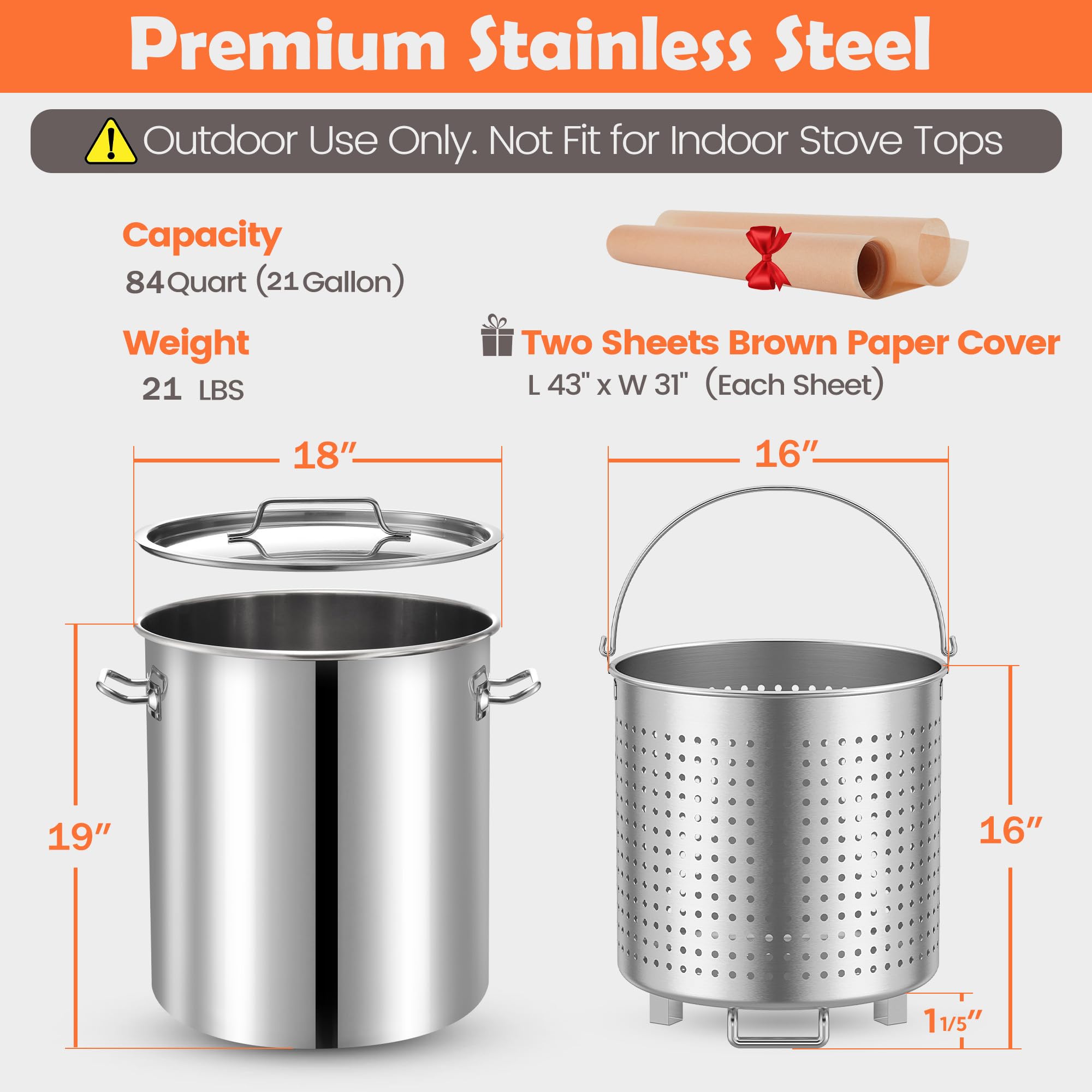 ARC 84-Quart Stainless Steel Seafood Boil Pot with Basket & 2 Brown Paper Table Covers - Large Crab Cooking Pot for Crawfish, Lobster, Shrimp, Turkey Fryer (21 Gallon) - Perfect for Outdoor Parties, Family Gatherings & Seafood Feasts