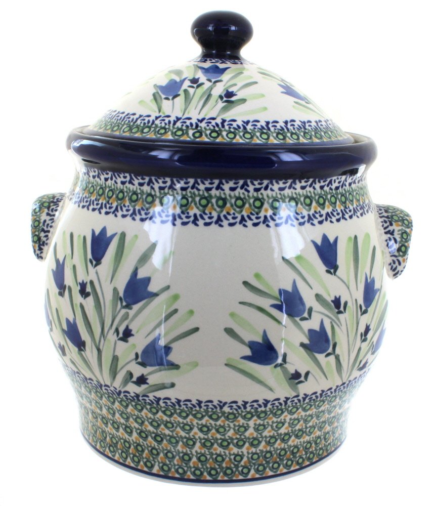 Hand-Painted Blue Rose Polish Pottery Cookie Jar with Blue Tulip Design - Perfect for Kitchen Storage & Home Decor