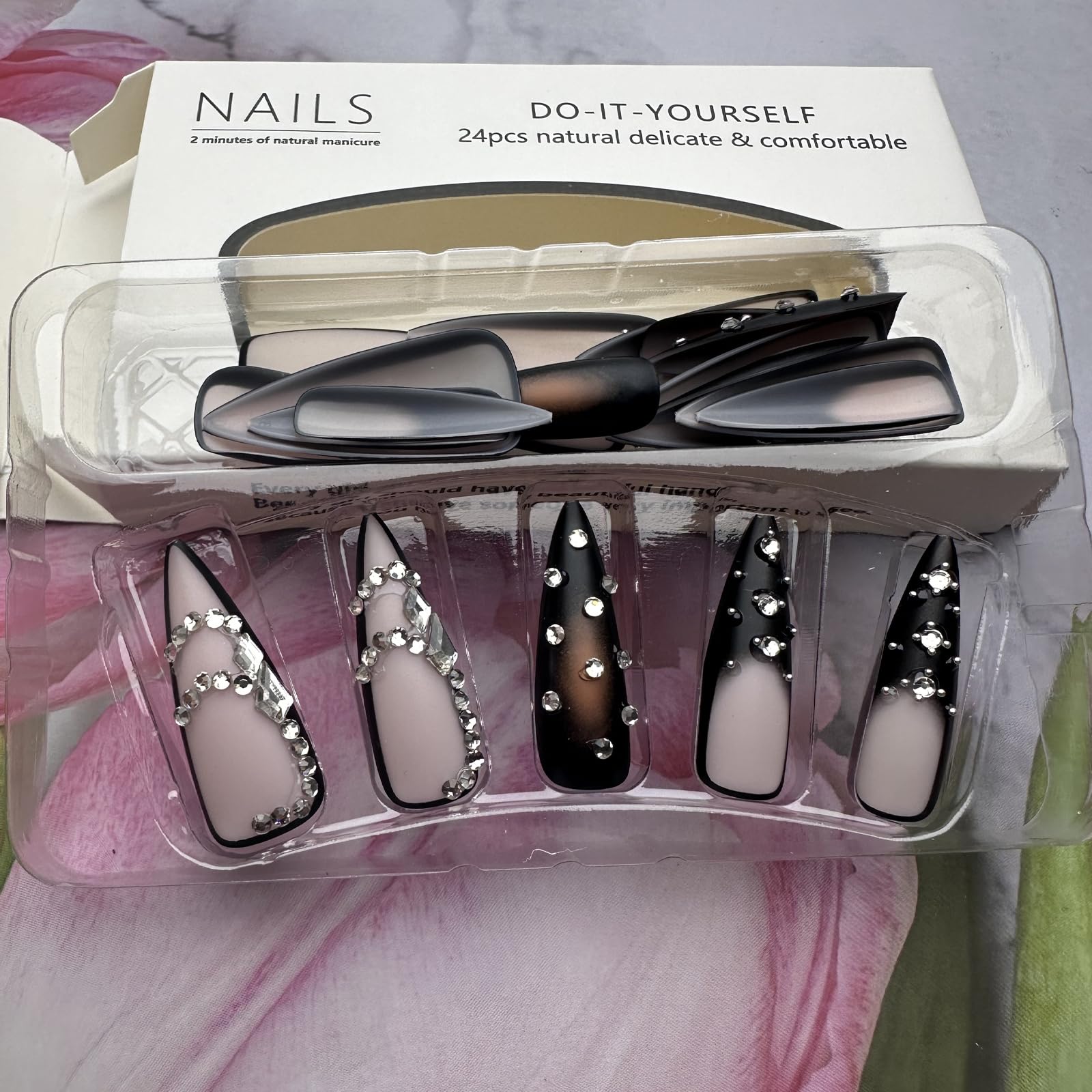 Luxury Brown Press On Nails - 24Pcs Long Stiletto Fake Nails with French Tips, Rhinestones & Goth Black Ombre Designs | Glossy Acrylic Glue On Nails for Women | Perfect for Parties, Weddings & Special Occasions