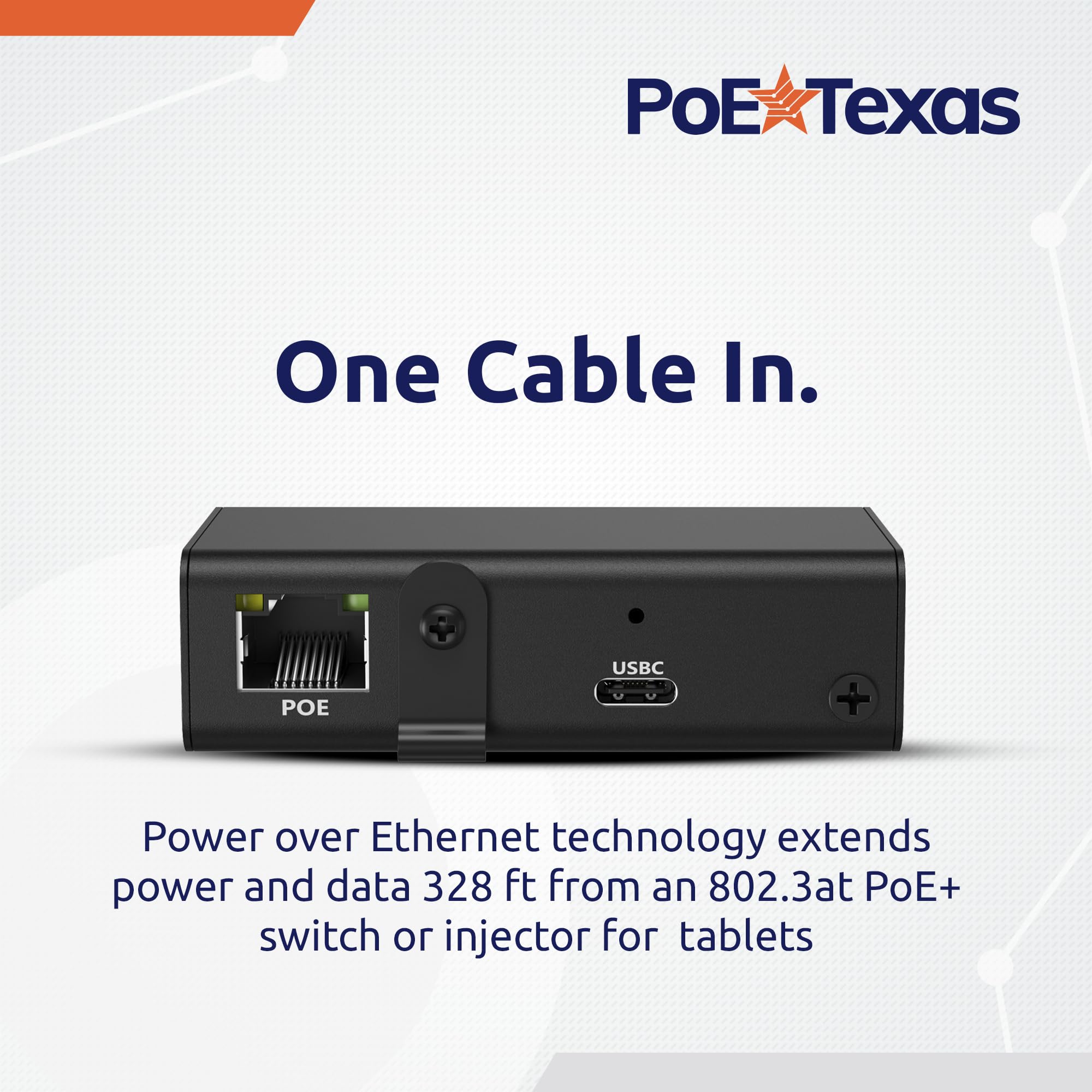 PoE Texas Gigabit PoE+ to USB-C 3.0 Adapter - 802.3at Power Over Ethernet Converter for 25W Tablets - Compatible with iPad Pro 12.9, Surface Go, Galaxy Tab - Ideal for POS Systems, Digital Kiosks, Retail Displays & Office Workstations