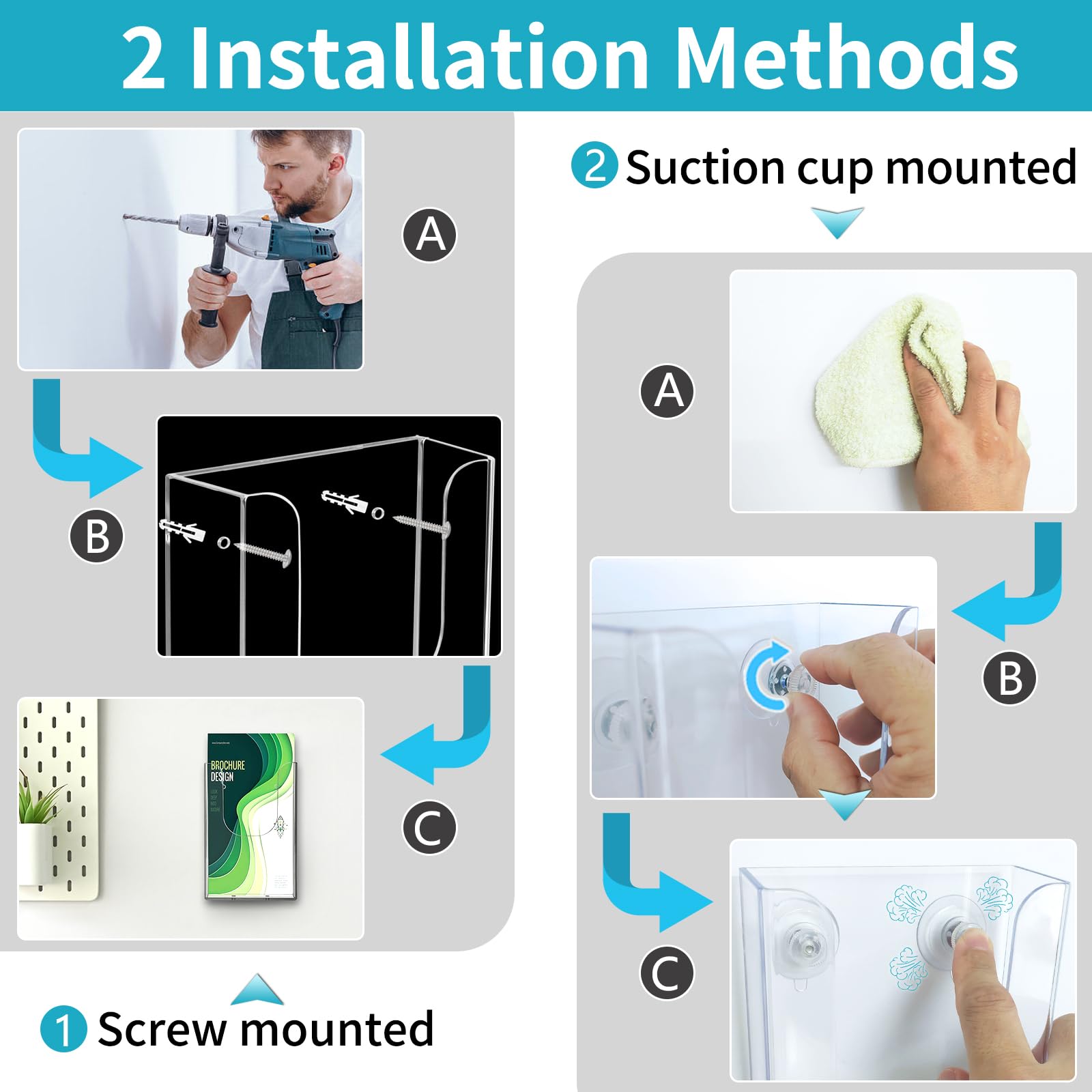 Zavekia Clear Wall Mounted Brochure Holder - 4 x 6 Inches Literature Organizer for Flyers, Menus & Pamphlets (2 Pack) - Perfect for Restaurants, Hotels, Offices & Retail Stores