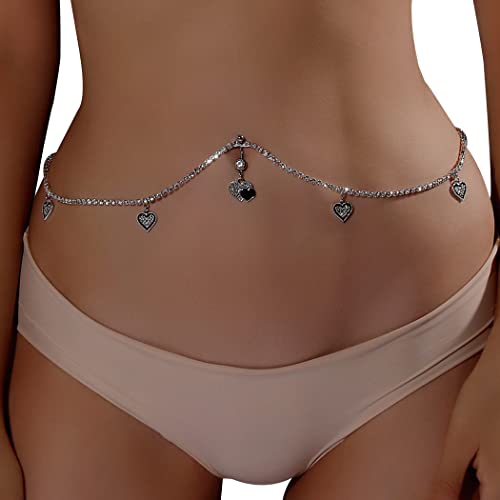 Asooll Silver Crystal Belly Button Ring with Chain Rhinestone Waist Body Chain - Stylish Bikini Belly Jewelry for Women & Girls | Perfect for Beach, Rave, Party & Fashion Accessories