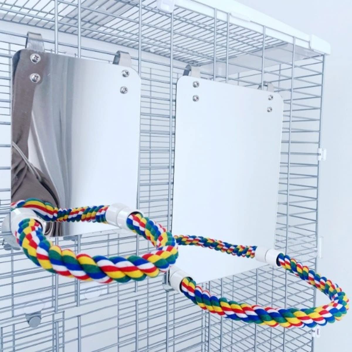 Stainless Steel & Acrylic Bird Mirror with Colorful Cotton Rope Perch for Finches, Cockatiels, Parrots, Conures, Lovebirds, Canaries - Perfect for Bird Cages, Aviaries & Play Gyms