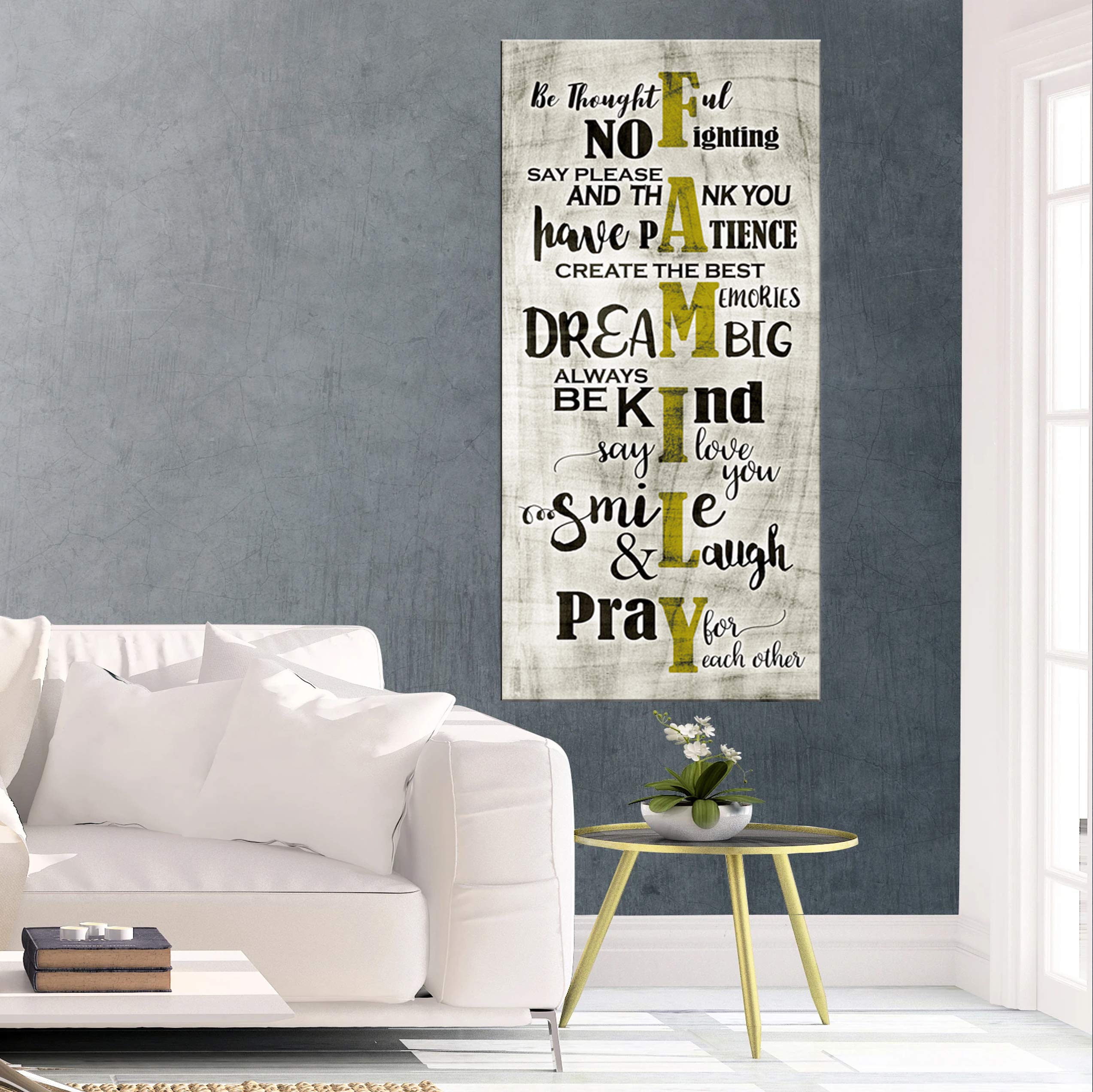 Farmhouse Style Large Canvas Wall Art - Family Sign Framed Décor for Living Room & Family Room | Yellow 27x60 Inch Rustic Home Decor | Perfect for Farmhouse, Modern & Traditional Interior Design