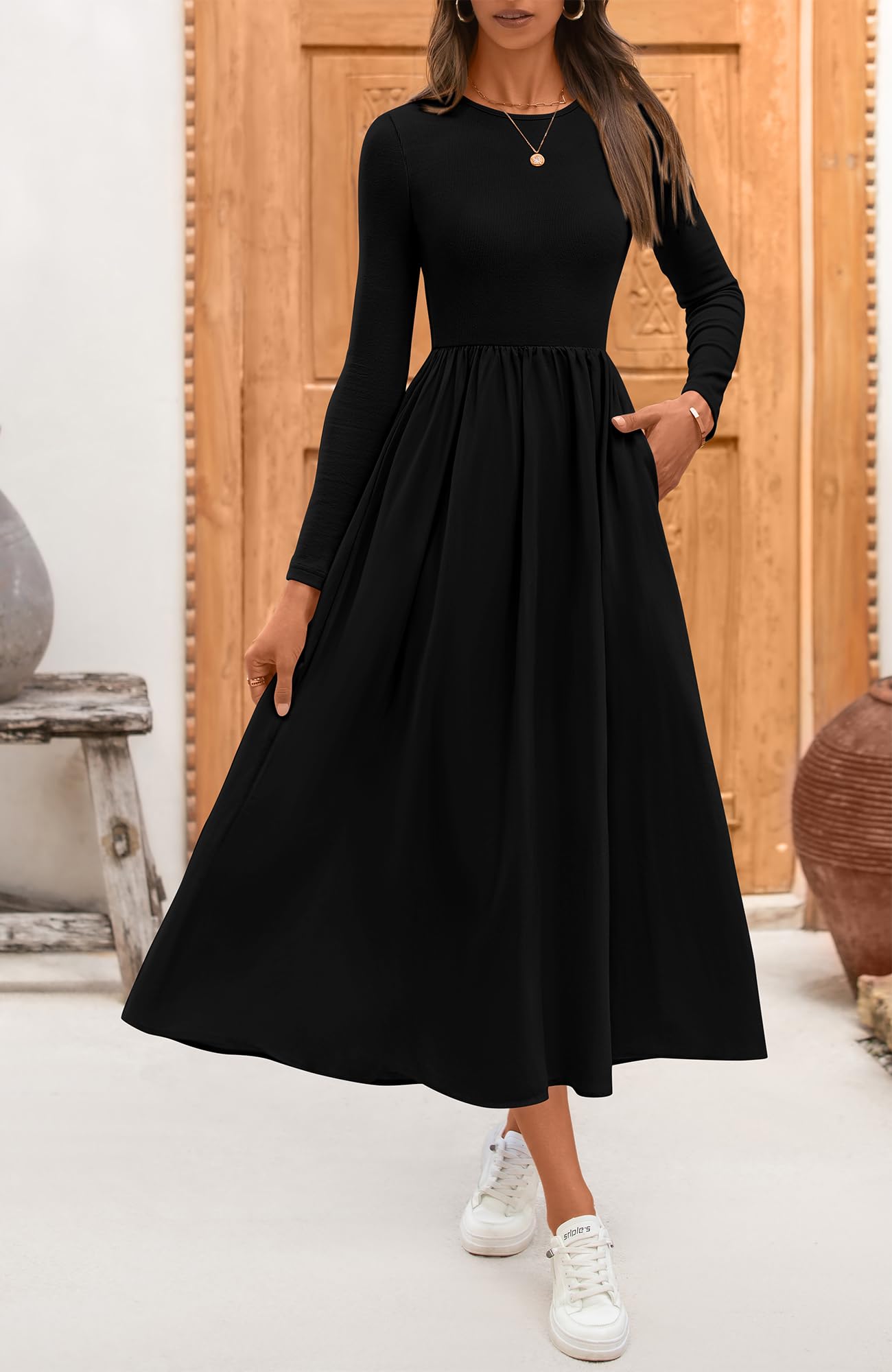 BTFBM Women's Casual Long Sleeve Bohemian Midi Dress - Flowy Spring Wedding Guest Dress 2025 | Perfect for Garden Parties, Bridal Showers & Date Nights