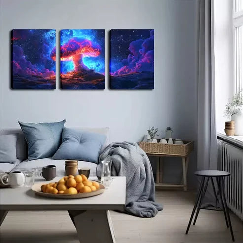 3pcs Glowing Mushroom Wall Art Set - Framed Canvas 60x90cm - High Quality Print - 100% Australian Made - Ready to Hang - Perfect for Living Room, Bedroom & Nursery Decor