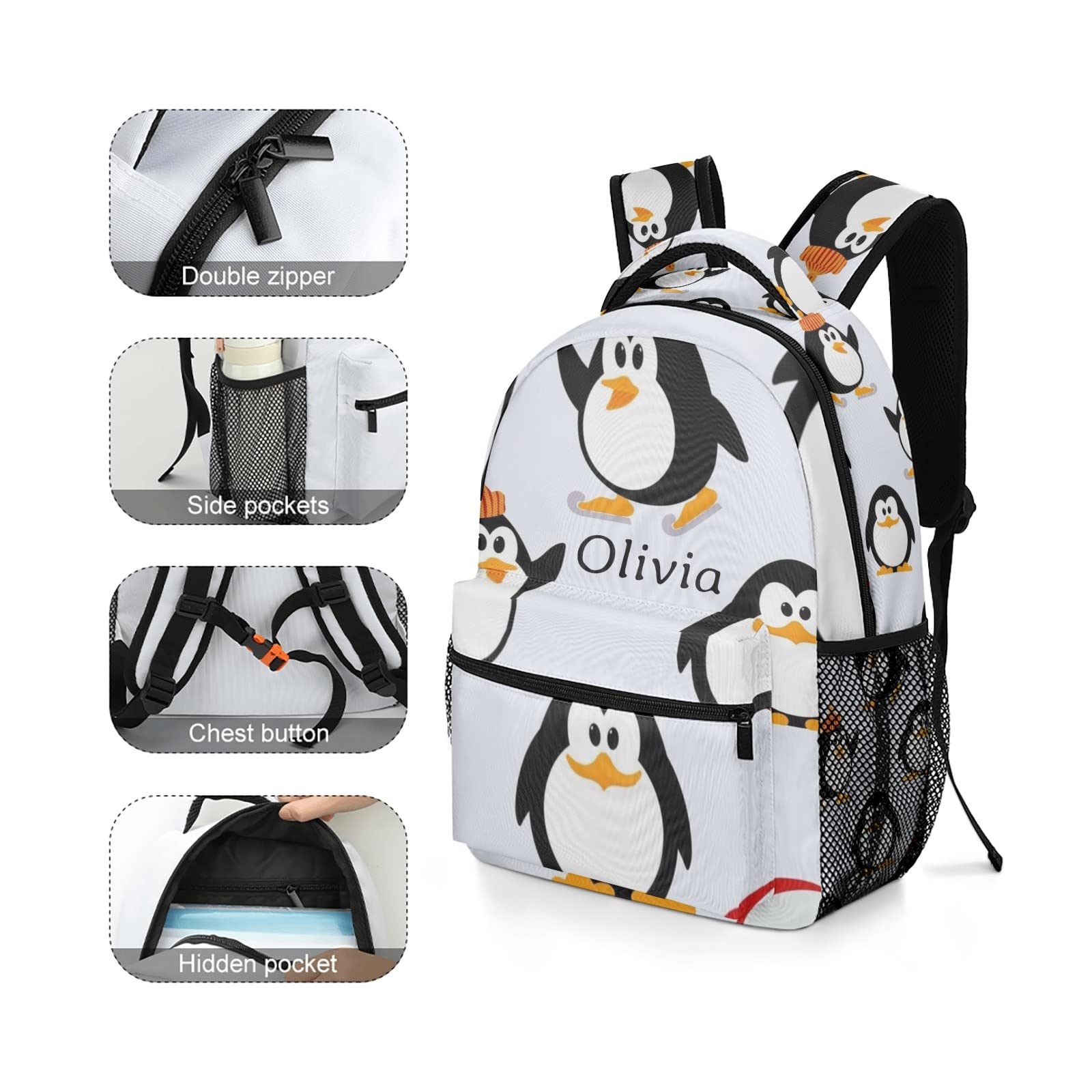 Personalized Cute Cartoon Penguins Backpack - Waterproof School Bag with Name for Boys & Girls | Perfect Gift for Kids, Travel & Outdoor Activities