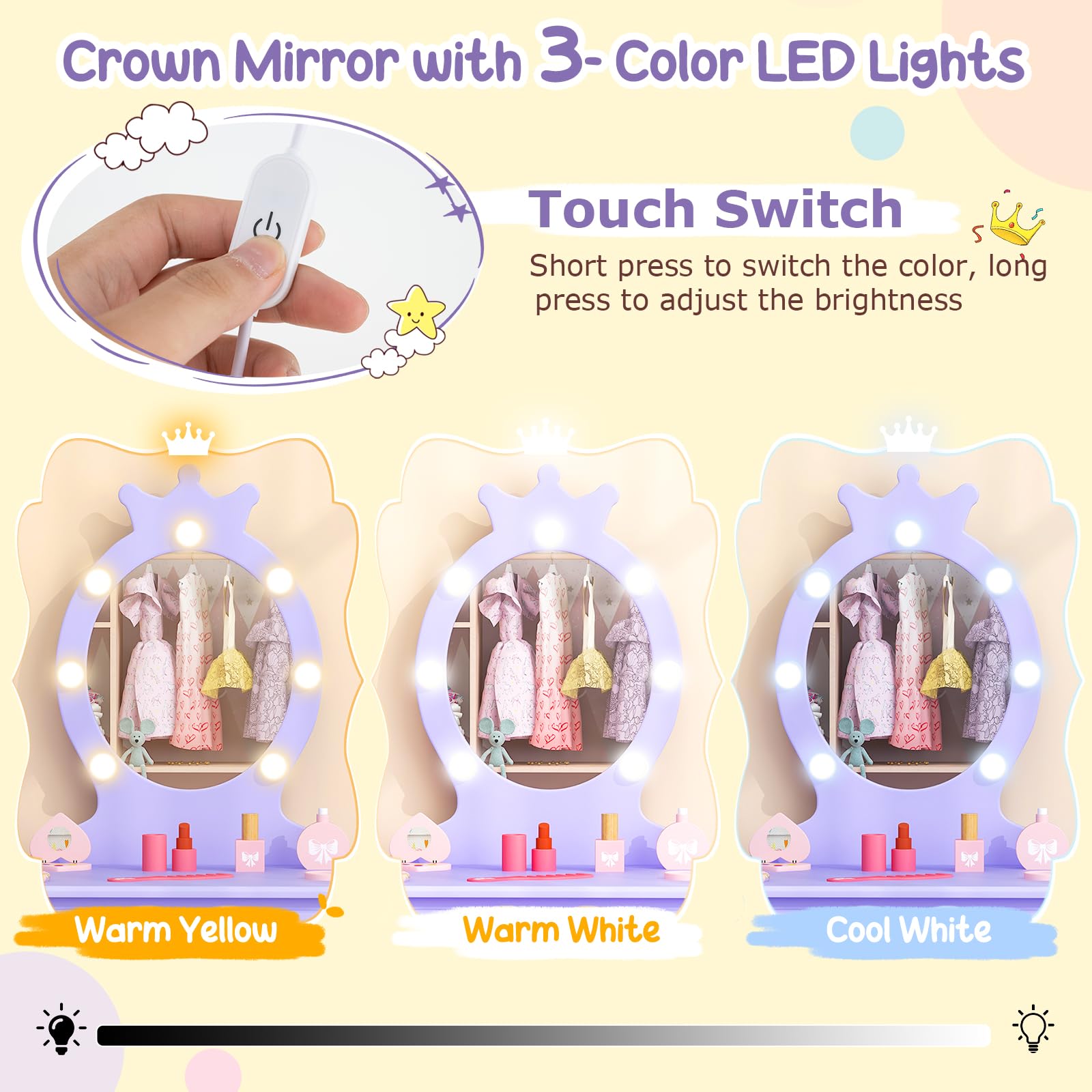 Costzon Kids Vanity Set with Mirror, Stool & LED Lights - 2-in-1 Wooden Makeup Dressing Table with Drawers for Girls - Pretend Play Toddler Vanity Desk & Chair Set (Violet) - Perfect for Birthday Gifts & Princess Room Decor