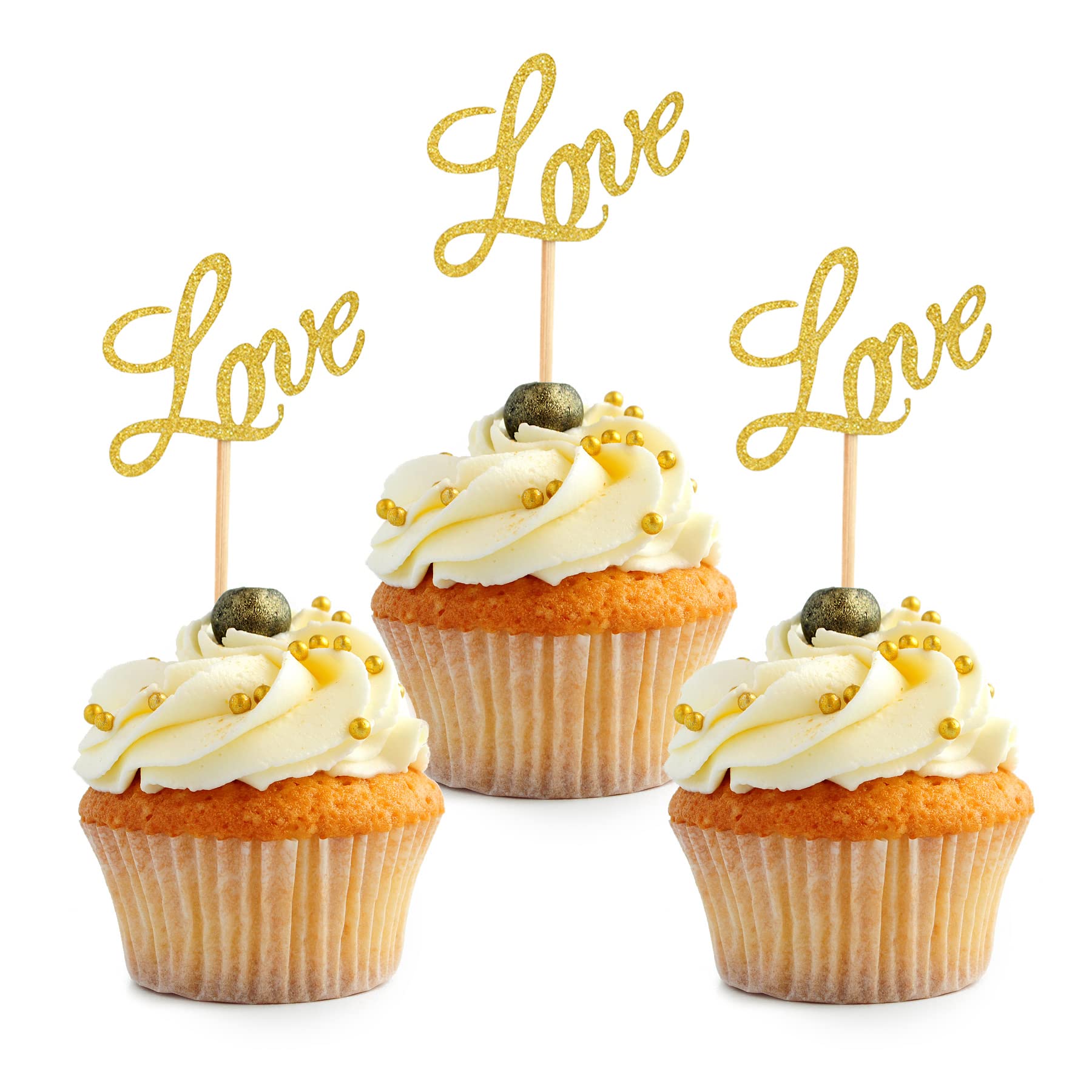48Pcs Gold Glitter Cupcake Toppers - Edible Cake Decorations for Baby Showers, Weddings, Birthdays & Parties | Perfect for Dessert Tables, Bridal Showers & Engagement Celebrations