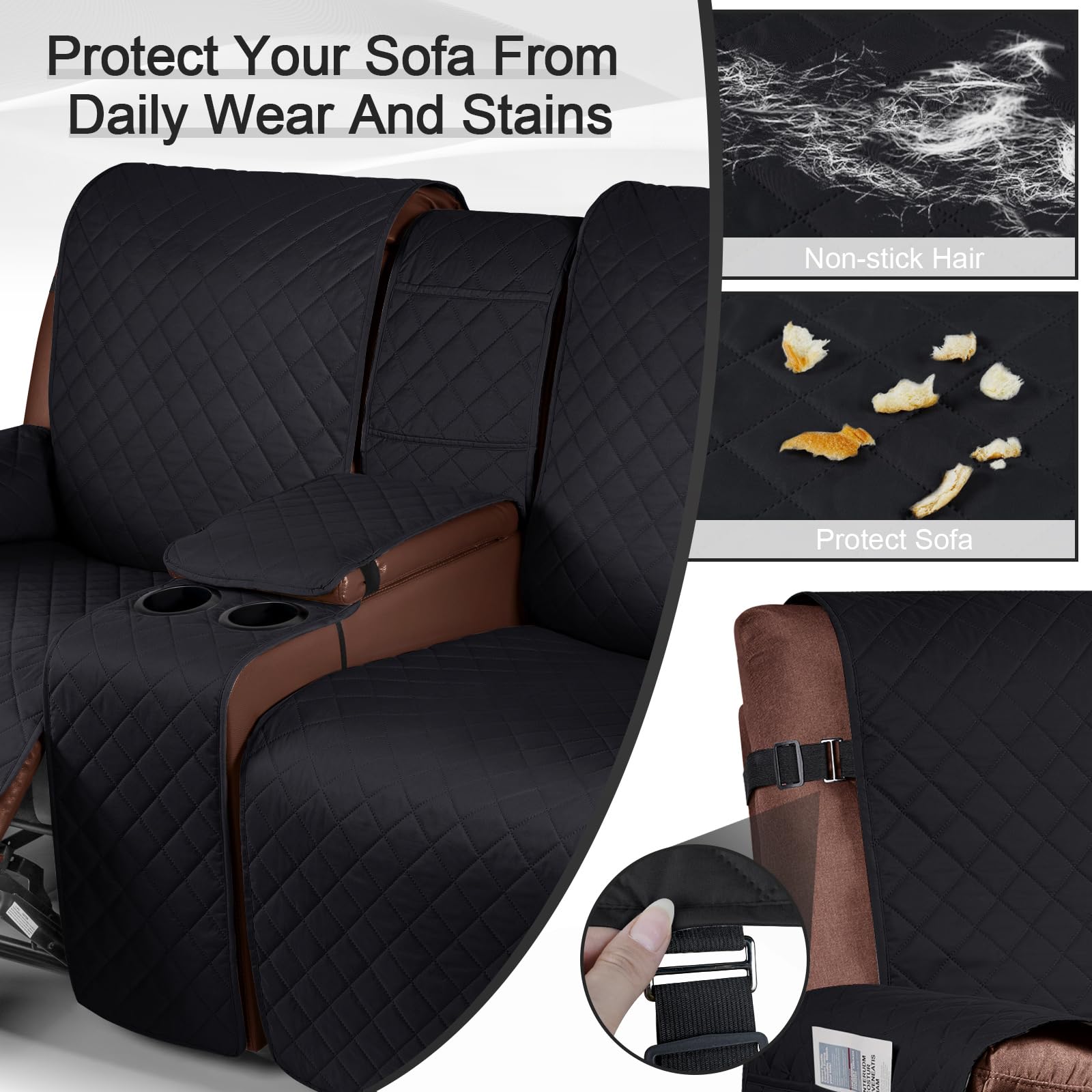 KinCam 100% Waterproof Recliner Sofa Cover with Console - Non-Slip 3-Seater Reclining Couch Cover - Elastic Straps Furniture Protector for Pets & Kids (Black) - Perfect for Living Room, Family Room & Pet-Friendly Homes