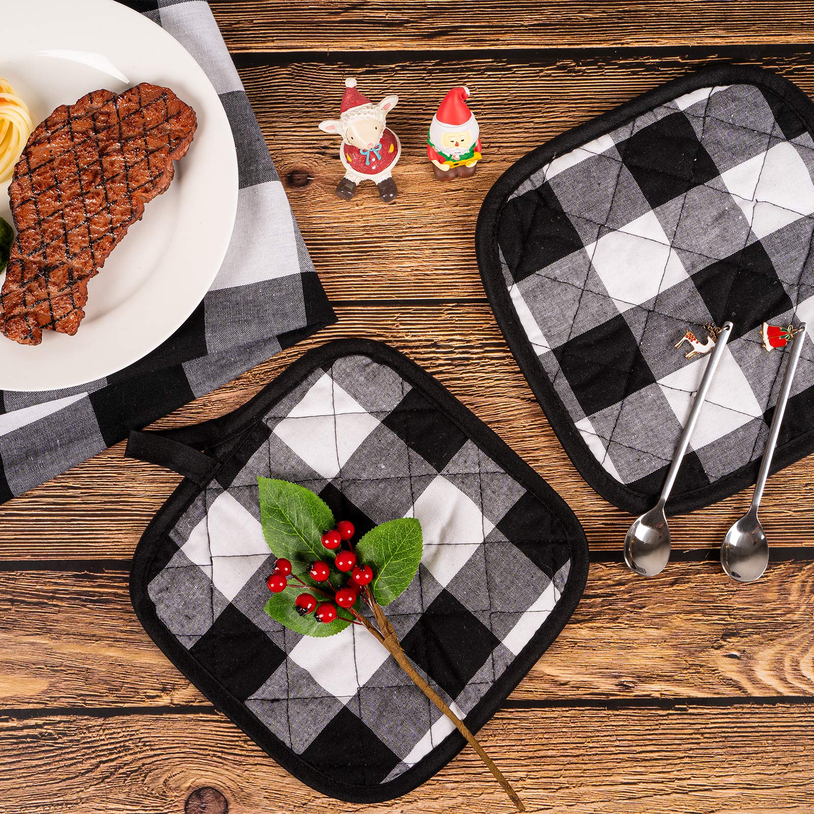Whaline 6-Piece Christmas Buffalo Plaid Hot Pot Holders Set - Cotton Heat Resistant Oven Mitts with Pockets for Kitchen Cooking, Baking & Holiday Decor (White & Black) - Perfect for Holiday Parties, Family Gatherings & Festive Kitchen Protection