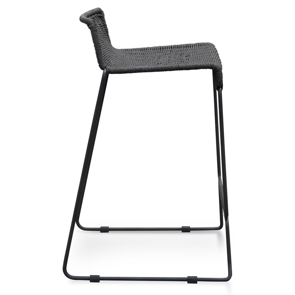 65cm Black Rattan Bar Stool with Cord Seat - Modern Kitchen Island & Breakfast Nook Stool for Home, Cafe, and Restaurant Decor