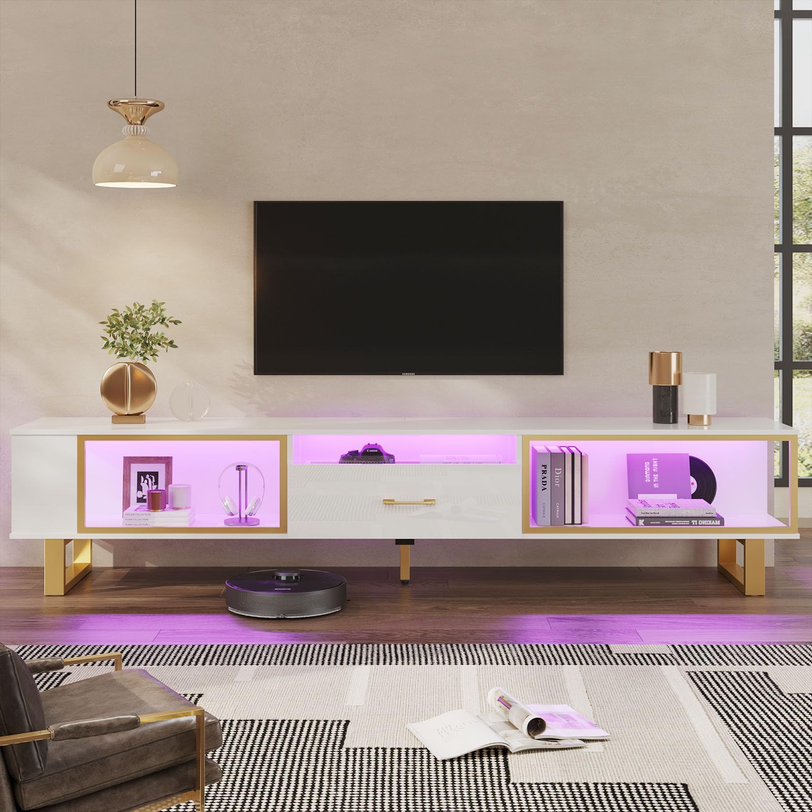 Bestier 80 Inch Modern TV Stand for 65-90 Inch TVs - High Gloss LED Gaming Entertainment Center with Open Storage & Half-Glass Drawers - White & Gold Media Console for Living Room, Bedroom & Home Theater Setup