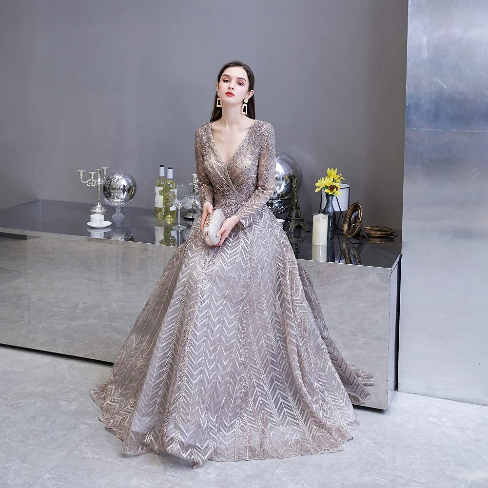 Elegant Long Sleeve Lace Evening Dress for Women - V Neck Crystal Beaded Formal Gown for Prom, Wedding, and Special Occasions