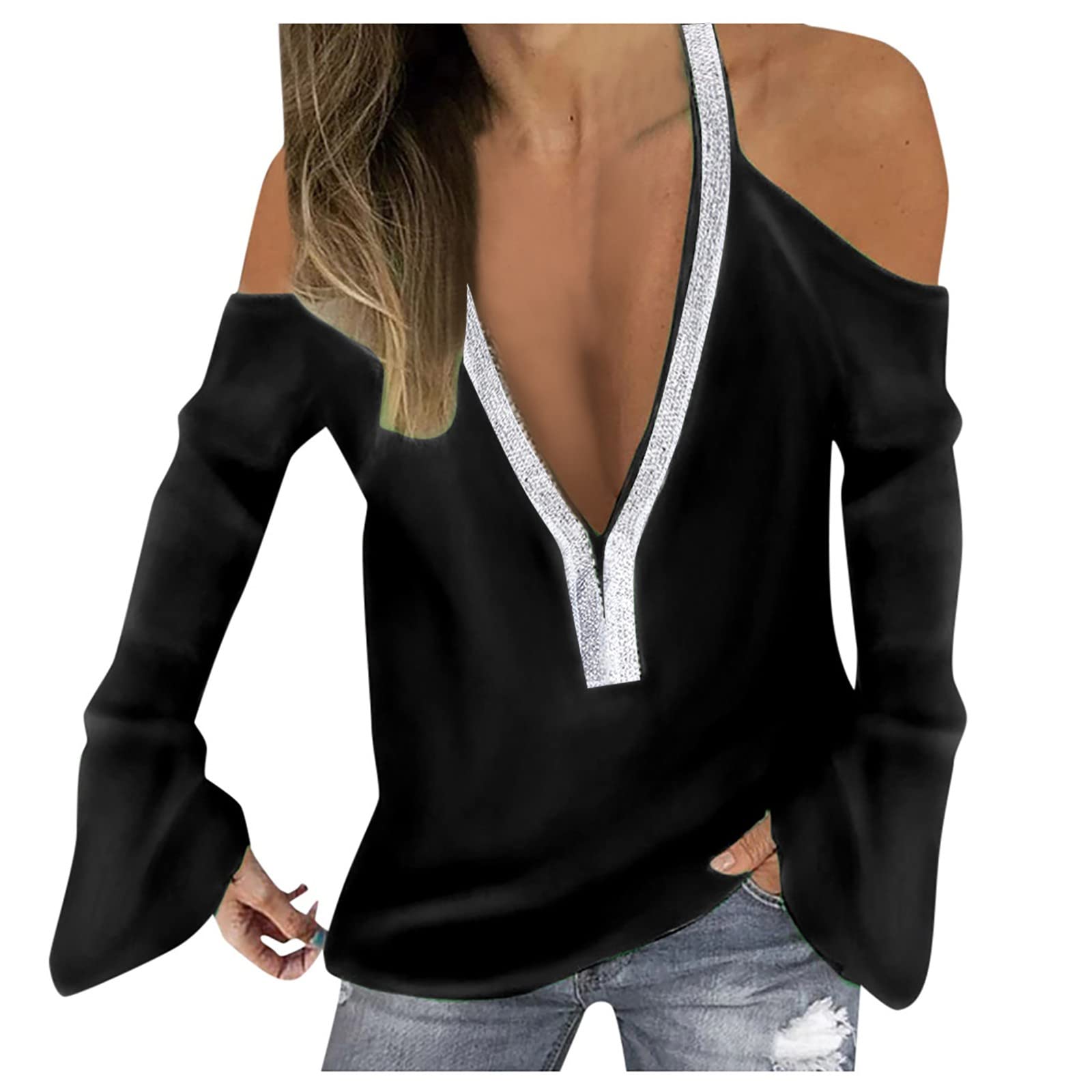 Women's Summer Short Sleeve V-Neck Tunic Top with Zipper & Cold Shoulder Design - Casual Fashion for Beach, Vacation, and Everyday Wear